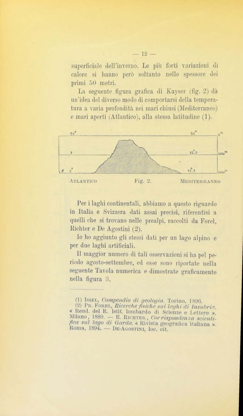 superficiale deirinveruo. Le più forti variazioni di calore si hanno però soltanto nello spessore dei primi 50 metri. La seguente figura grafica di Kayser (fig. 2) dà un'idea del diverso modo di comportarsi della tempera- tura a varia profondità nei mari chiusi (Mediterraneo) e mari aperti (Atlantico), alla stessa latitudine (1). Atlantico Fig. 2. Mediterraneo Per i laghi continentali, abbiamo a questo riguardo in Italia e Svizzera dati assai precisi, riferentisi a quelli che si trovano nelle prealpi, raccolti da Forel, Eichter e De Agostini (2). 10 ho aggiunto gli stessi dati per un lago alpino e per due laghi artificiali. 11 maggior numero di tali osservazioni si ha pel pe- riodo agosto-settembre, ed esse sono riportate nella seguente Tavola numerica e dimostrate graficamente nella figura 3. (1) Issel, Compendio di geologia. Torino, 1896. (2) Pr. Forel, Ricerche fìsiche sai laghi di Insubria. « Remi, del R. Istit. lombardo di Scienze e Lettere ». Milano, 1889. — E. Richter, Corrispondenza scienti- fica sul lago di Garda. « Rivista geogralica italiana ». Roma, 1894. — De-Agostini, loc. cit.