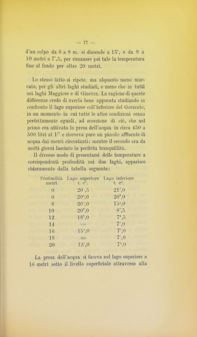 cTim colpo da 6 a 8 m. si discende a 15, e da 8 a 10 metri a 7°,5, per rimanere poi tale la temperatura fino al fondo per oltre 20 metri. Lo stesso fatto si ripete, ma alquanto meno mar- cato, per gli altri laghi studiati, e meno che in tutti nei laghi Maggiore e di Ginevra. La ragione di queste differenze credo di averla bene appurata studiando in confronto il lago superiore coll'inferiore del Gorzente, in un momento in cui tutte le altre condizioni erano perfettamente eguali, ad eccezione di ciò, che nel primo era attivata la presa delhacqua in circa 450 a 500 litri al 1 e riceveva pure un piccolo affluente di acqua dai monti circostanti; mentre il secondo era da molti giorni lasciato in perfetta tranquillità. 11 diverso modo di presentarsi delle temperature a corrispondenti profondità nei due laghi, apparisce chiaramente dalla tabella seguente: Profondità Lago superiore Lago inferiore metri t. c. t. c°. 0 20',5 21°,0 6 20°,0 20°,0 8 20°,0 15°,0 10 20°,0 8°,5 12 18,0 7°,5 14 — 7\0 16 15°,0 7,0 18 — 7\0 20 13’,0 7°,0 La presa dell’acqua si faceva nel lago superiore a 16 metri sotto il livello superficiale attraverso alla