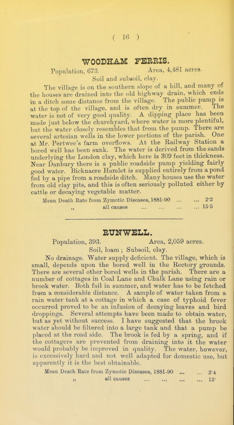 WOODHAM FERRIS. Popnlation, 673. Area, 4,4bl acres. Soil and subsoil, clay. The village is on the southern slope of a hill, and many of the houses are drained into the old highway drain, which ends in a ditch some distance from the village. The public pump is at the top of the village, and is often dry in summer. The water is not of very good quality. A dipping place has been made just below the churchyard, where water is more plentiful, but the water closely resembles that from the pump. There are several artesian wells in the lower portions of the parish. One at Mr. Pertwee’s farm overflows. At the Railway Station a bored well has been sunk. The water is derived from the sands underlying the London clay, which here is 309 feet in thickness. Near Danbury there is a public roadside pump yielding fairly good water. Bicknacre Hamlet is supplied entirely from a pond fed by a pipe from a roadside ditch. Many houses use the water from old clay pits, and this is often seriously polluted either by cattle or decaying vegetable matter. Mean Death Rate from Zymotic Diseases, 1881-90 ... ... 2‘2 ,, all causes ... ... ... ... 155 RUIT-WELL. Population, 393. Area, 2,059 acres. Soil, loam ; Subsoil, clay. No drainage. Water supply deficient. The village, which is small, depends upon the bored well in the Rectory grounds. There are several other bored wells in the parish. There are a number of cottages in Coal Lane and Chalk Lane using rain or brook water. Both fail in summer, and water has to be fetched from a considerable distance. A sample of water taken from a rain water tank at a cottage in which a case of typhoid fever occurred proved to be an infusion of decaying leaves and bird droppings. Several attempts have been made to obtain water, but as yet without success. I have suggested that the brook water should be filtered into a large tank and that a pump be placed at the road side. The brook is fed by a spring, and if the cottagers are prevented from draining into it the water would probably be improved in quality. The water, however, is excessively hard and not well adapted for domestic use, but apparently it is the best obtainable. Meau Death Rate from Zymotic Diseases, 1881-90 ... ... 2-4 » ah causes 12-