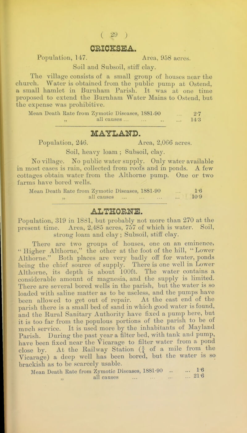 ( ?9 ) CEICESEA. Population, 147. Area, 958 acres. Soil and Subsoil, stiff clay. The village consists of a small group of houses near the church. Water is obtained from the public pump at Ostend, a small hamlet in Burnham Parish. It was at one time proposed to extend the Burnham Water Mains to Ostend, but the expense was prohibitive. Mean Death Rate from Zymotic Diseases, 1881-90 ... 2'7 „ all causes... ... .. ... 14'3 MAYLAND. Population, 246. Area, 2,066 acres. Soil, heavy loam ; Subsoil, clay. No village. No public water supply. Only water available in most cases is rain, collected from roofs and in ponds. A few cottages obtain water from the Alt-home pump. One or two farms have bored wells. Mean Death Rate from Zymotic Diseases, 1881-90 ... 1*6 „ all causes ... ... ... ... 10'9 ALTHOENE. Population, 319 in 1881, but probably not more than 270 at the present time. Area, 2,485 acres, 757 of which is water. Soil, strong loam and clay; Subsoil, stiff clay. There are two groups of houses, one on an eminence, “ Higher Altliorne,” the other at the foot of the hill, “ Lower Althorne.” Both places are very badly off for water, ponds being the chief source of supply. There is one well in Lower Althorne, its depth is about 100ft. The water contains a considerable amount of magnesia, and the supply is limited. There are several bored wells in the parish, but the water is so loaded with saline matter as to be useless, and the pumps have been allowed to get out of repair. At the east end of the parish there is a small bed of sand in which good water is found, and the Rural Sanitary Authority have fixed a pump here, but it is too far from the populous portions of the parish to be of much service. It is used more by the inhabitants of Mayland Parish. During the past year a filter bed, with tank and pump, have been fixed near the Vicarage to filter water from a pond close by. At the Railway Station (f of a mile from the Vicarage) a deep well has been bored, but the water is so brackish as to be scarcely usable. Mean Death Rate from Zymotic Diseases, 1881-90 .. ... 1'6 ,, all causes ... ... ••• ••• 21*6