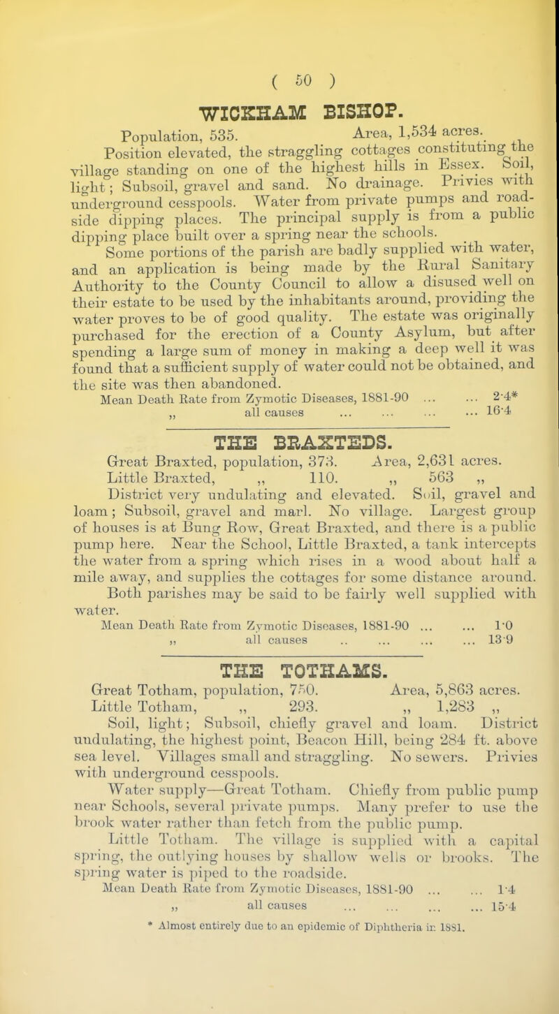 WICKHAM BISHOP. Population, 535. Area, 1,534 acres. Position elevated, the straggling cottages constituting the village standing on one of the highest hills in Essex, koi > light; Subsoil, gravel and sand. No drainage. Privies with underground cesspools. Water from private pumps and road- side dipping places. The principal supply is from a public dipping place built over a spring near the schools. Some portions of the parish are badly supplied with water, and an application is being made by the Rural Sanitary Authority to the County Council to allow a disused well on their estate to be used by the inhabitants around, providing the water proves to be of good quality. The estate was originally purchased for the erection of a County Asylum, but after spending a large sum of money in making a deep well it was found that a sufficient supply of water could not be obtained, and the site was then abandoned. Mean Death Rate from Zymotic Diseases, 1S81-90 ... ... 2'4# ,, all causes ... ... ... ... 16'4 THE BEAKTEDS. Great Braxted, population, 373. .Area, 2,631 acres. Little Braxted, ,, 110. ,, 563 „ District very undulating and elevated. Soil, gravel and loam ; Subsoil, gravel and marl. No village. Largest group of houses is at Bung Row, Great Braxted, and there is a public pump here. Near the School, Little Braxted, a tank intercepts the water from a spring which rises in a wood about half a mile away, and supplies the cottages for some distance around. Both parishes may be said to be fairly well supplied with water. Mean Death Rate from Zymotic Diseases, 1881-90 ... ... l'O „ all causes .. ... ... ... 13 9 THE TOTHAMS. Great Totham, population, 750. Area, 5,863 acres. Little Totham, „ 293. ,, 1,283 ,, Soil, light; Subsoil, chiefly gravel and loam. Distinct undulating, the highest point, Beacon Hill, being 284 ft. above sea level. Villages small and straggling. No sewers. Privies with underground cesspools. Water supply—Great Totham. Chiefly from public pump near Schools, several private pumps. Many prefer to use the brook water rather than fetch from the public pump. Little Totham. The village is supplied with a capital spring, the outlying houses by shallow wells or brooks. The spring water is piped to the roadside. Mean Death Rate from Zymotic Diseases, 18S1-90 ... ... l-4 » all causes ... ... ... ... 154 * Almost entirely clue to an epidemic of Diphtheria in 1881.