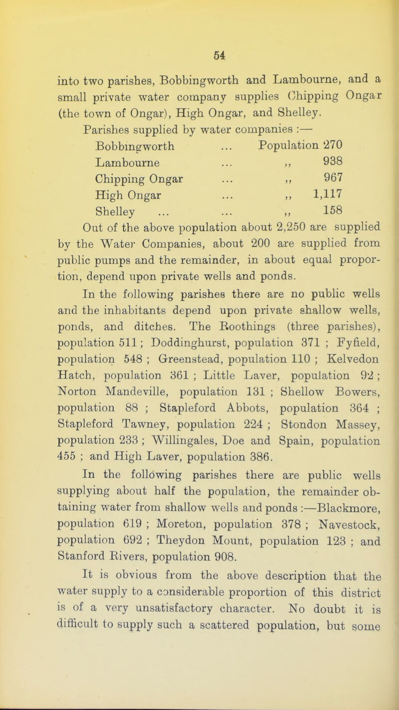 into two parishes, Bobbingworth and Lambourne, and a small private water company supplies (Shipping Ongar (the town of Ongar), High Ongar, and Shelley. Parishes supplied by water companies :— Bobbingworth ... Population ‘270 Lambourne ... ,, 938 Chipping Ongar ... ,, 967 High Ongar ... ,, 1,117 Shelley ... ... ,, 158 Out of the above population about 2,250 are supplied by the Watei’ Companies, about 200 are supplied from public pumps and the remainder, in about equal propor- tion, depend upon private wells and ponds. In the following parishes there are no public wells and the inhabitants depend upon private shallow wells, ponds, and ditches. The Koothings (three parishes), population 511; Doddinghurst, population 371 ; Fyfield, population 548 ; Greenstead, population 110 ; Kelvedon Hatch, population 361 ; Little Laver, population 92 ; Norton Mandeville, population 131 ; Shellow Bowers, population 88 ; Stapleford Abbots, population 364 ; Stapleford Tawney, population 224 ; Stondon Massey, population 233 ; Willingales, Doe and Spain, population 455 ; and High Laver, population 386. In the following parishes there are public wells supplying about half the population, the remainder ob- taining water from shallow wells and ponds :—Blackmore, population 619 ; Moreton, population 378 ; Navestock, population 692 ; Theydon Mount, population 123 ; and Stanford Rivers, population 908. It is obvious from the above description that the w’ater supply to a considerable proportion of this district is of a very unsatisfactory character. No doubt it is difficult to supply such a scattered population, but some