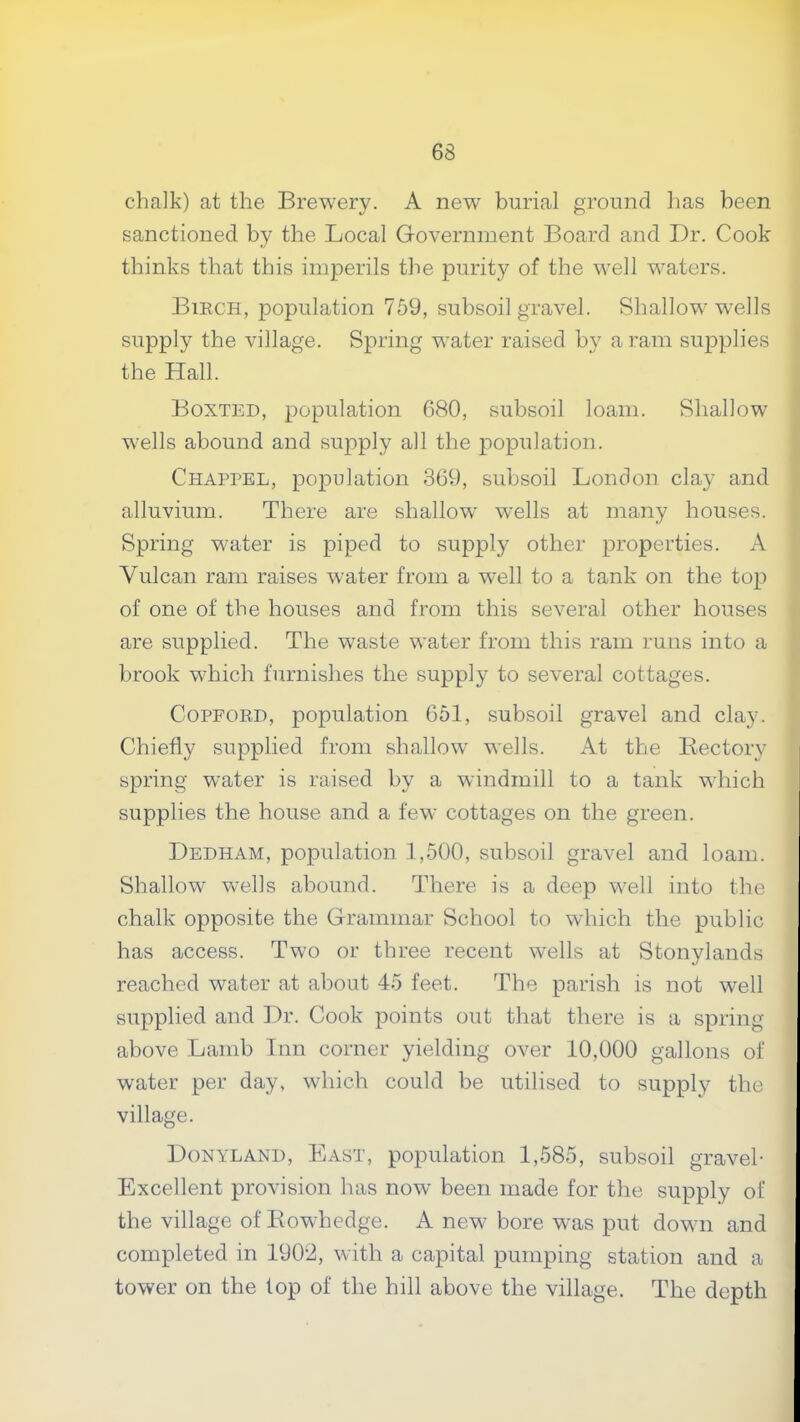 chalk) at the Brewery. A new burial ground has been sanctioned by the Local Government Board and Dr. Cook thinks that this imperils the purity of the w^ell w^aters. Birch, population 759, subsoil gravel. Shallow^ wells supply the village. Spring water raised by a ram supplies the Hall. Boxted, population 680, subsoil loam. Shallow w^ells abound and supply all the population. Chappel, population 369, subsoil London clay and alluvium. There are shallow' wells at many houses. Spring water is piped to supply other properties. A Vulcan ram raises w'ater from a well to a tank on the top of one of the houses and from this several other houses are supplied. The w'aste water from this ram runs into a brook which furnishes the supply to several cottages. CoPFOBD, population 651, subsoil gravel and clay. Chiefly supplied from shallow' wells. At the Bectory spring water is raised by a windmill to a tank w'hich supplies the house and a few cottages on the green. Dedham, population 1,500, subsoil gravel and loam. Shallow w'ells abound. There is a deep w^ell into the chalk opposite the Grammar School to which the public has access. Two or three recent wells at Stonylands reached water at about 45 feet. The parish is not well supplied and Dr. Cook points out that there is a spring above Lamb Inn corner yielding over 10,000 gallons of water per day, which could be utilised to supply the village. Donyland, East, population 1,585, subsoil gravel- Excellent provision has now been made for the supply of the village of liowhedge. A new bore w^as put down and completed in 1902, with a capital pumping station and a tower on the lop of the hill above the village. The depth