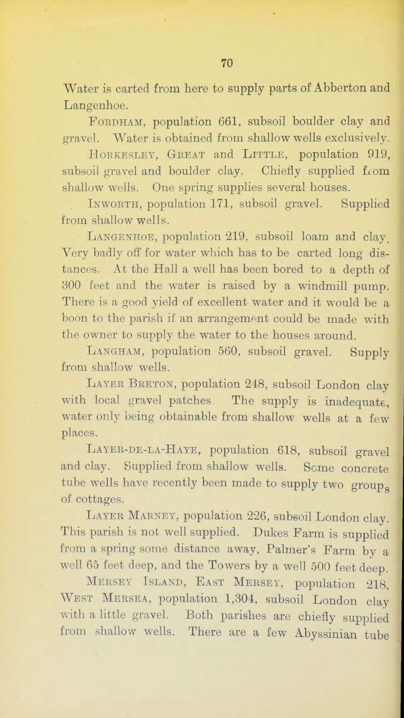 Water is carted from here to supply parts of Abberton and Langenhoe. Foudham, population 661, subsoil boulder clay and gravel. Water is obtained from shallow wells exclusively. PlouKESLEY, Great and Little, population 919, subsoil gravel and boulder clay. Chiefly supplied fiom shallow wells. One spring supplies several houses. Inworth, population 171, subsoil gravel. Supplied from shallow wells. Langenhoe, population 219, subsoil loam and clay. Very badly off for water which has to be carted long dis- tances. At the Hall a well has been bored to a depth of 800 feet and the water is raised by a windmill pump. There is a good yield of excellent water and it would be a boon to the parish if an arrangement could be made with the owner to supply the water to the houses around. Langham, population 560, subsoil gravel. Supply from shallow wells. Layer Breton, population 248, subsoil London clay with local gravel patches. The supply is inadequate, water only being obtainable from shallow wells at a few places. Layer-de-la-Haye, population 618, subsoil gravel and clay. Supplied from shallow wells. Seme concrete tube wells have recently been made to suppl}^ two group^ of cottages. TjAYER Marney, population 226, subsoil London clay. This parish is not well supplied. Dukes Farm is supplied from a spring some distance away. Palmer’s Farm by a well 65 feet deep, and the Towers by a well 500 feet deep. Mersey Island, East Mersey, population 218, West Mersea, population 1,304, subsoil London clay with a little gravel. Both parishes are chiefly supplied from shallow wells. There are a few Abyssinian tube