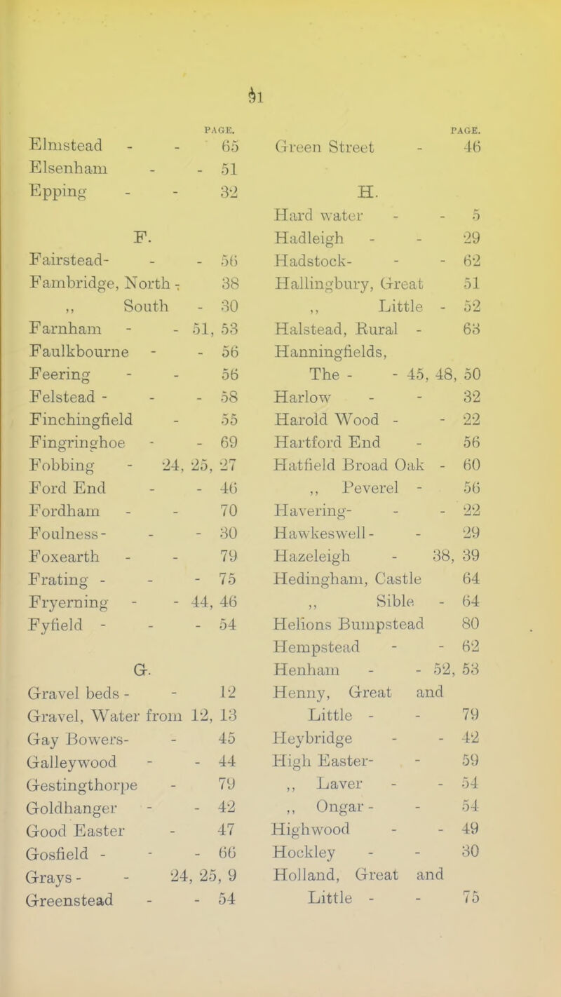 PAGE. Elmstead - - 65 Green Street PAGE. 46 Elsenham - - 51 Epping - - 3‘2 H. Hard water - 5 F. Hadleigh 29 Fairstead- - - 56 Hadstock- - 62 Fambridge, North - 38 Hallingbury, Great 51 ,, South - 30 ,, Little - 52 Farnham - - 51, 53 Halstead, Eural - 63 Faulkbourne - - 56 Hanningfields, Eeering - - 56 The - - 45, 48, 50 Felstead - - - 58 Harlow 32 Finchingfield - 55 Harold Wood - - 22 Fingririghoe - - 69 Hartford End 56 Fobbing - 24, 25, 27 Hatheld Broad Oak - 60 Ford End - - 4(5 ,, Feverel - 56 Fordham - - 70 Havering- - 22 Foulness- - - 30 Hawkeswell- 29 Foxearth - - 79 Hazeleigh 38, 39 Frating - - - 75 Hedingham, Castle 64 Fryerning - - 44, 46 ,, Sible - 64 Fytield - - - 54 Helions Bumpstead 80 Hempstead - 62 G. Henham 52, 63 Gravel beds - - 12 Henny, Great and Gravel, Water from 12, 13 Little - 79 Gay Bowers- - 45 Heybridge - 42 Galleywood - - 44 High Easter- 59 Gestingthorpe - 79 ,, Laver - 54 Goldhanger - - 42 ,, Ongar- 54 Good Easter - 47 Highwood - 49 Gosfield - - - 66 Hockley 80 Grays - - 24, 25, 9 Holland, Great and