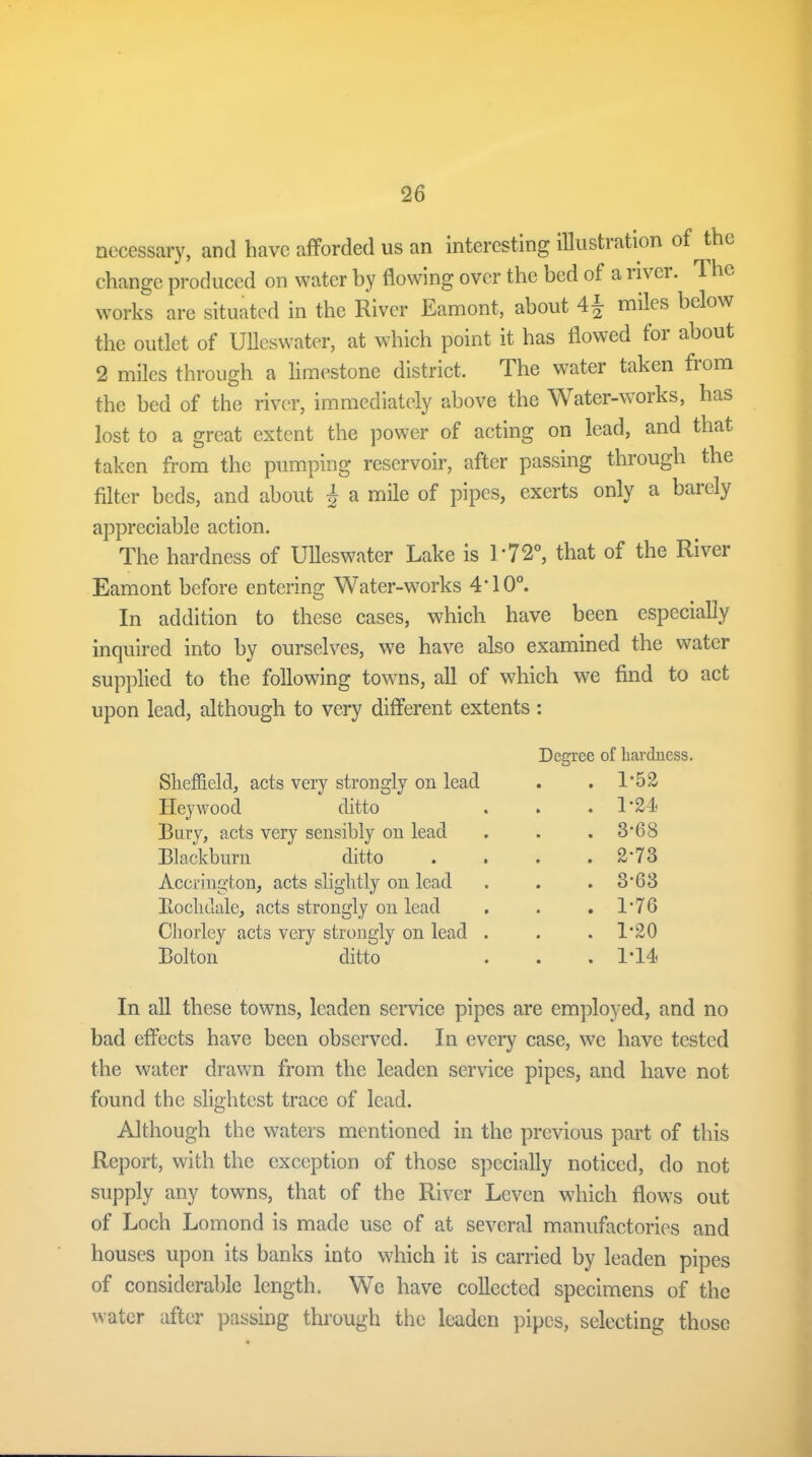 necessary, and have afforded us an interesting illustration of the change produced on water by flowing over the bed of a riv ci. 10 works are situated in the River Eamont, about 4^ nailcs below the outlet of Ulleswater, at which point it has flowed for about 2 miles through a limestone district. The water taken from the bed of the river, immediately above the Water-works, has lost to a great extent the power of acting on lead, and that taken from the pumping reservoir, after passing through the filter beds, and about ^ a mile of pipes, exerts only a barely appreciable action. The hardness of Ulleswater Lake is T72°, that of the River Eamont before entering Water-works 4TO0. In addition to these cases, which have been especially inquired into by ourselves, we have also examined the water supplied to the following towns, all of which we find to act upon lead, although to very different extents : Degree of hardness. Sheffield, acts very strongly on lead . . 1*52 Hey wood ditto . . . T24 Bnry, acts very sensibly on lead . . . 3'68 Blackburn ditto . . . . 2-73 Accrington, acts slightly on lead . . . 3‘63 Eochdale, acts strongly on lead . . . T76 Chorley acts very strongly on lead . . . 1*20 Bolton ditto . . . 1T4 In all these towns, leaden service pipes are employed, and no bad effects have been observed. In every case, we have tested the water drawn from the leaden service pipes, and have not found the slightest trace of lead. Although the waters mentioned in the previous part of this Report, with the exception of those specially noticed, do not supply any towns, that of the River Lcven which flows out of Loch Lomond is made use of at several manufactories and houses upon its banks into which it is carried by leaden pipes of considerable length. We have collected specimens of the water after passing through the leaden pipes, selecting those