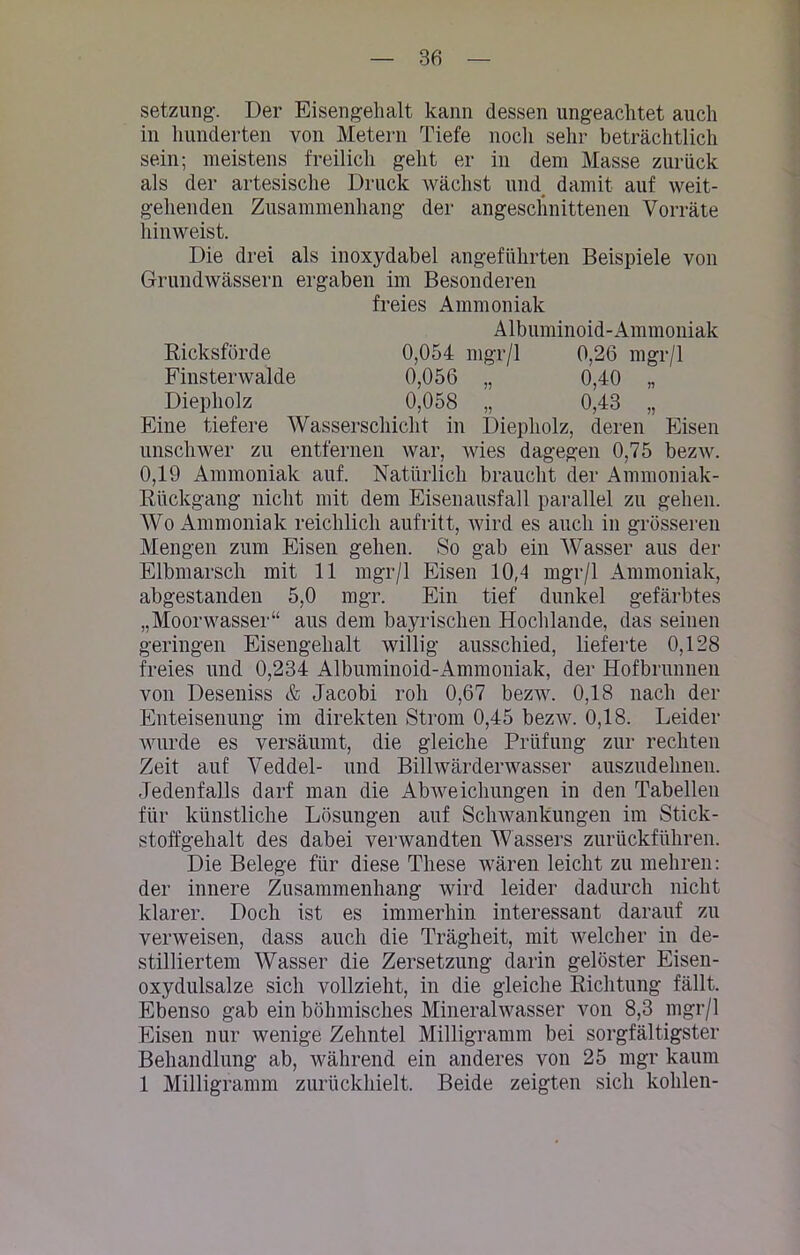 Setzung. Der Eisengehalt kann dessen ungeachtet auch in hunderten von Metern Tiefe noch sehr beträchtlich sein; meistens freilich geht er in dem Masse zurück als der artesische Druck wächst und damit auf weit- gehenden Zusammenhang der angeschnittenen Vorräte hinweist. Die drei als inoxydabel angeführten Beispiele von Grundwässern ergaben im Besonderen freies Ammoniak Albuminoid-Ammoniak Ricksförde 0,054 mgr/l 0,26 mgr/1 Finsterwalde 0,056 „ 0,40 „ Diepholz 0,058 „ 0,43 „ Eine tiefere Wasserschicht in Diepholz, deren Eisen unschwer zu entfernen war, wies dagegen 0,75 bezw. 0,19 Ammoniak auf. Natürlich braucht der Ammoniak- Rückgang nicht mit dem Eisenausfall parallel zu gehen. Wo Ammoniak reichlich aufritt, wird es auch in grösseren Mengen zum Eisen gehen. So gab ein Wasser aus der Elbmarsch mit 11 mgr/1 Eisen 10,4 mgr/1 Ammoniak, abgestanden 5,0 mgr. Ein tief dunkel gefärbtes „Moorwasser“ aus dem bayrischen Hochlande, das seinen geringen Eisengehalt willig ausschied, lieferte 0,128 freies und 0,234 Albuminoid-Ammoniak, der Hofbrunnen von Deseniss & Jacobi roh 0,67 bezw. 0,18 nach der Enteisenung im direkten Strom 0,45 bezw. 0,18. Leider wurde es versäumt, die gleiche Prüfung zur rechten Zeit auf Veddel- und Billwärderwasser auszudelmen. Jedenfalls darf man die Abweichungen in den Tabellen für künstliche Lösungen auf Schwankungen im Stick- stoffgehalt des dabei verwandten Wassers zurückführen. Die Belege für diese These wären leicht zu mehren: der innere Zusammenhang wird leider dadurch nicht klarer. Doch ist es immerhin interessant darauf zu verweisen, dass auch die Trägheit, mit welcher in de- stilliertem Wasser die Zersetzung darin gelöster Eisen- oxydulsalze sich vollzieht, in die gleiche Richtung fällt. Ebenso gab ein böhmisches Mineralwasser von 8,3 mgr/1 Eisen nur wenige Zehntel Milligramm bei sorgfältigster Behandlung ab, während ein anderes von 25 mgr kaum 1 Milligramm zurückhielt. Beide zeigten sich kohlen-