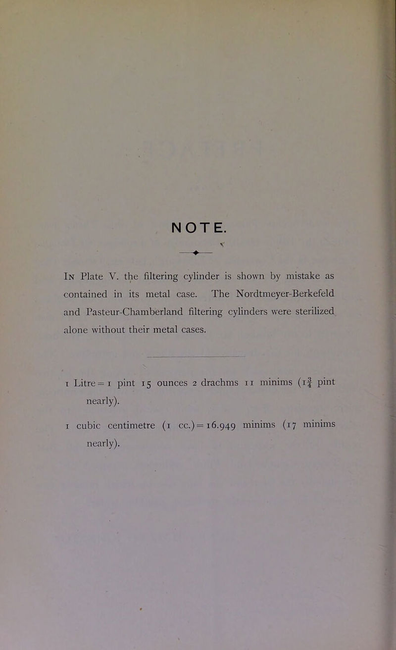 NOTE. V —♦— In Plate V. the filtering cylinder is shown by mistake as contained in its metal case. The Nordtmeyer-Berkefeld and Pasteur-Chamberland filtering cylinders were sterilized alone without their metal cases. T Litre = I pint 15 ounces 2 drachms ii minims (if pint nearly). I cubic centimetre (i cc.)= 16.949 minims (17 minims nearly).