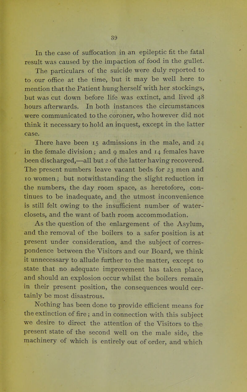 In the case of suffocation in an epileptic fit the fatal result was caused by the impaction of food in the gullet. The particulars of the suicide were duly reported to to our office at the time, but it may be well here to mention that the Patient hung herself with her stockings, but was cut down before life was extinct, and lived 48 hours afterwards. In both instances the circumstances were communicated to the coroner, who however did not think it necessary to hold an inquest, except in the latter case. There have been 15 admissions in the male, and 24 in the female division ; and 9 males and 14 females have been discharged,—all but 2 of the latter having recovered. The present numbers leave vacant beds for 23 men and 10 women ; but notwithstanding the slight reduction in the numbers, the day room space, as heretofore, con- tinues to be inadequate, and the utmost inconvenience is still felt owing to the insufficient number of water- closets, and the want of bath room accommodation. As the question of the enlargement of the Asylum, and the removal of the boilers to a safer position is at present under consideration, and the subject of corres- pondence between the Visitors and our Board, we think it unnecessary to allude further to the matter, except to state that no adequate improvement has taken place, and should an explosion occur whilst the boilers remain in their present position, the consequences would cer- tainly be most disastrous. Nothing has been done to provide efficient means for the extinction of fire ; and in connection with this subject we desire to direct the attention of the Visitors to the present state of the second well on the male side, the machinery of which is entirely out of order, and which
