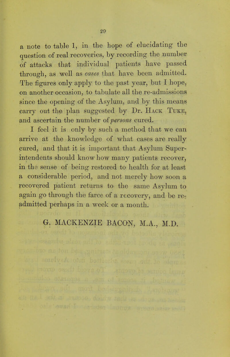 a note to table 1, in the hope of elucidating’ the question of real recoveries, by recording the number of attacks that individual patients have passed through, as well as cases that have been admitted. The figures only apply to the past year, but I hope, on another occasion, to tabulate all the re-admissions since the opening of the Asylum, and by this means carry out the plan suggested by Dr. Hack Tuke, and ascertain the number of persons cured. I feel it is only by such a method that we can arrive at the knowledge of what cases are really pured, and that it is important that Asylum Super- intendents should know how many patients recover, in the sense of being restored to health for at least a considerable period, and not merely how soon a recovered patient returns to the same Asylum to again go through the farce of a recovery, and be re- admitted perhaps in a week or a month. G, MACKENZIE BACON, M.A., M.D.