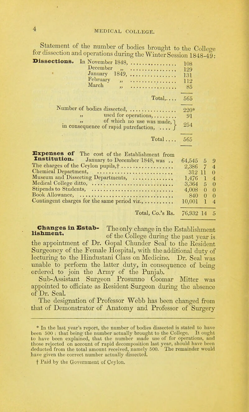 Statement of the number of bodies brought to the College for cbssection and operations during the Winter Session 1848-49: Dissections, In November 1848, lOg December „ jog January 1849, 131 February „ March „ ; 85 Total, 565 Number of bodies dissected, 220* „ used for operations, 91 M of which uo use was made, 1 gc^ in consequence of rapid putrefaction, .... / Total.... 5G5 Expenses of The cost of the Establishment from Institution. January to December 1848, was .. 64,545 5 9 The charges of the Ceylon pupils,t 2,386 7 4 Chemical Department, 312 11 0 Museum and Dissecting Departments, 1,476 1 4 Medical College ditto, 3,364 5 0 Stipends to Students, 4,008 0 0 Book Allowance, 840 0 0 Contingent charges for the same period viz., 10,001 1 4 Total, Co.'s Rs. 76,932 14 5 C^a,nses in Bstab- The only change in the Establishment 1 sument. ^£ ^.j^^ College durmg the past year is the appointment of Dr. Gopal Chunder Seal to the Resident Surgeoncy of the Female Hospital, with the additional duty of lecturing to the Hindustani Class on Medicine. Dr. Seal was unable to perform the latter duty, in consequence of being ordered to join the Army of the Punjab. Sub-Assistant Surgeon Prosunno Coomai' Mitter was appointed to officiate as Resident Sui'geon during the absence of Dr. Seal. The designation of Professor Webb has been changed fi-om that of Demonstrator of Anatomy and Professor of Siu'gery * Li the last year's report, the number of bodies dissected is stated to have been 500 : that being the number actually brought to the College. It ought to have been explained, that the number made use of for operations, and those rc,jected on account of rapid decomposition lust year, should have been deducted from the total amount received, namely 500. The remainder would have given the correct number actually dissected. t Paid by the Governmoat of Ceylon.