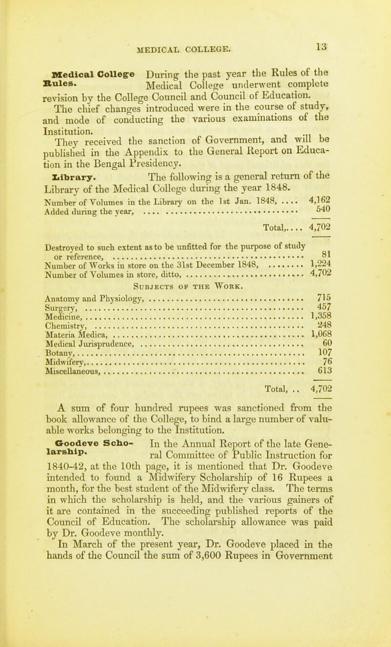 Medical Colleg-e During the past year the Rules of the Rules. Medical Colle£ie underwent complete revision by the College Council and Council of Education. The chief changes introduced were in the course of study, and mode of conducting the various examinations of the Institution. They received the sanction of Government, and will be published in the Appendix to the General Report on Educa- tion in the Bengal Presidency. Xiibrary. The following is a general return of the Library of tbe Medical College dm-ing the year 1848. Number of Volumes in the Library on the 1st Jan. 1848, .... 4,162 Added during the year, ^40 Total,.... 4,702 Destroyed to such extent as to be unfitted for the purpose of study or reference, 81 Number of Works in store on the 31st December 1848, 1,224 Number of Volumes in store, ditto, » 4,702 Subjects of the Work. Anatomy and Physiology, 715 Surgery 457 Medicine, 1,358 Chemistry, 248 Materia Medica, 1,068 Medical Juiisprudence, 60 Botany, 107 Midwifery, 76 Miscellaneous, 613 Total, .. 4,702 A simi of four hundred rupees was sanctioned from the book allowance of the College, to bind a large number of valu- able works belonging to the Institution. Goodeve Scho- In the Annual Report of the late Gene- larBblp. Committee of Public Instruction for 1840-42, at the 10th page, it is mentioned that Dr. Goodeve intended to found a Midwifery Scholarship of 16 Rupees a month, for tbe best student of the Midwifery class. The terms in which the scholarship is held, and the various gainers of it are contained in the succeeding published reports of the Council of Education. The scholarship allowance was paid by Dr. Goodeve monthly. In March of the present year. Dr. Goodeve placed in the hands of the Council the sum of 3,600 Rupees in Government