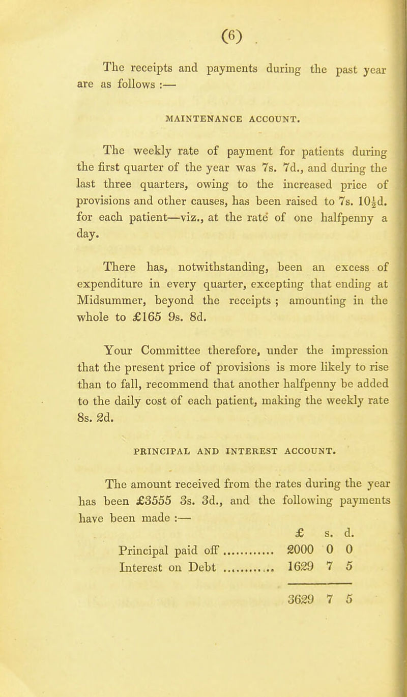 The receipts and payments during the past year are as follows :— MAINTENANCE ACCOUNT. The weekly rate of payment for patients during the first quarter of the year was 7s. 7d., and during the last three quarters, owing to the increased price of provisions and other causes, has been raised to 7s. lOgd. for each patient—viz., at the rate' of one halfpenny a day. There has, notvsdthstanding, been an excess of expenditure in every quarter, excepting that ending at Midsuramei', beyond the receipts ; amounting in the whole to £165 9s. 8d. Your Committee therefore, under the impression that the present price of provisions is more likely to rise than to fall, recommend that another halfpenny be added to the daily cost of each patient, making the weekly rate 8s. 2d. PRINCIPAL AND INTEREST ACCOUNT. The amount received from the rates during the year has been £3555 3s. 3d., and the following payments have been made :— £ s. d. Principal paid off 2000 0 0 Interest on Debt 1629 7 5 3629 7 5