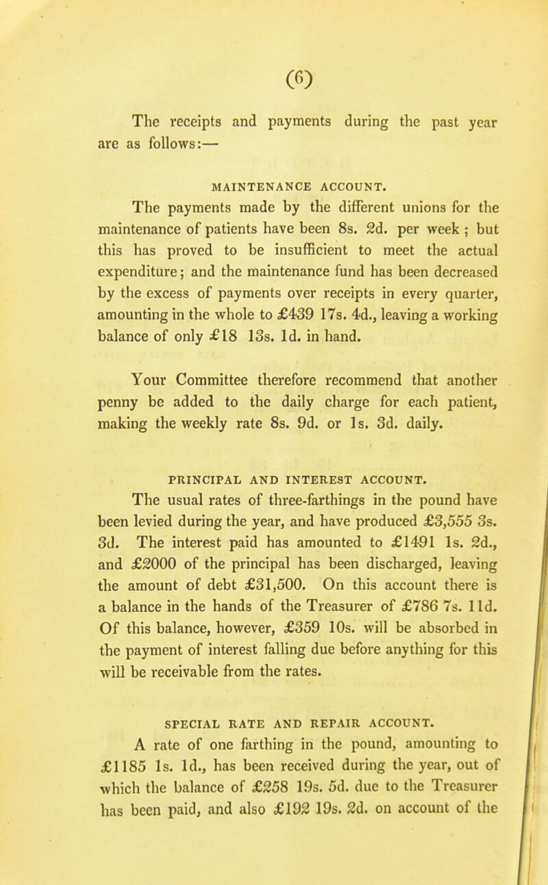The receipts and payments during the past year are as follows:— MAINTENANCE ACCOUNT. The payments made by the different unions for the maintenance of patients have been 8s. 2d. per week ; but this has proved to be insufficient to meet the actual expenditure; and the maintenance fund has been decreased by the excess of payments over receipts in every quarter, amounting in the whole to £439 17s. 4d., leaving a working balance of only £18 13s. Id. in hand. Your Committee therefore recommend that another penny be added to the daily charge for each patient, making the weekly rate 8s. 9d. or Is. 3d. daily. PRINCIPAL AND INTEREST ACCOUNT. The usual rates of three-farthings in the pound have been levied during the year, and have produced £3,555 3s. 3d. The interest paid has amounted to £1491 Is. 2d., and £2000 of the principal has been discharged, leaving the amount of debt £31,500. On this account there is a balance in the hands of the Treasurer of £786 7s. lid. Of this balance, however, £359 10s, will be absorbed in the payment of interest falling due before anything for this ■will be receivable from the rates. SPECIAL RATE AND REPAIR ACCOUNT. A rate of one farthing in the pound, amounting to £1185 Is. Id., has been received during the year, out of ■which the balance of £258 19s. 5d. due to the Treasurer has been paid, and also £192 19s. 2d. on account of the