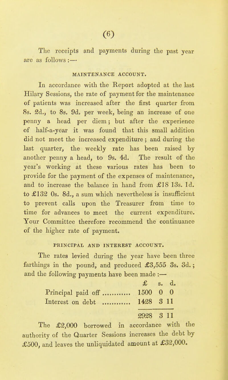 Tlie receipts and payments during the past year are as follows :— MAINTENANCE ACCOUNT. In accordance with the Report adopted at the last Hilary Sessions, the rate of payment for the maintenance of patients was increased after the first quarter from 8s. 2d., to 8s. 9d. per week, being an increase of one penny a head per diem; but after the experience of half-a-year it was found that this small addition did not meet the increased expenditure ; and during the last quarter, the weekly rate has been raised by another penny a head, to 9s. 4d. The result of the year's working at these various rates has been to provide for the payment of the expenses of maintenance, and to increase the balance in hand from £18 13s. Id. to £132 Os. 8d., a sum which nevertheless is insufficient to prevent calls upon the Treasurer from time to time for advances to meet the current expenditure. Your Committee therefore recommend the continuance of the higher rate of payment. PRINCIPAL AND INTEREST ACCOUNT. The rates levied during the year have been three farthings in the pound, and produced £3,555 3s. 3d.; and the following payments have been made :— £ s. d. Principal paid oflp 1500 0 0 Interest on debt 1428 3 11 2928 3 11 The £2,000 borrowed in accordance with the authority of the Quarter Sessions increases the debt by £500, and leaves the unliquidated amount at £32,000.