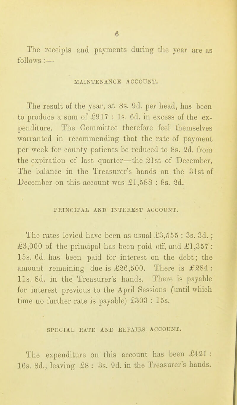 The receipts and payments during the year are as follows :— MAINTENANCE ACCOUNT. The result of the year, at 8s. 9d. per head, has been to produce a sura of i;917 : Is. 6d. in excess of the ex- penditure. The Committee therefore feel themselves warranted in recommending that the rate of payment per week for county patients be reduced to 8s. 2d. from the expiration of last quarter—the 21st of December. The balance in the Treasurer's hands on the 31st of December on this account was i61,588 : 8s. 2d. PRINCIPAL AND INTEREST ACCOUNT. The rates levied have been as usual ,£3,555 : 3s. 3d.; iESjOOO of the principal has been paid off, and £1,357: 15s. 6d. has been paid for interest on the debt; the amount remaining due is ^626,500. There is £284 : lis. 8d. in the Treasurer's hands. There is payable for interest previous to the April Sessions (until which time no further rate is payable) £303 : 15s. SPECIAL RATE AND REPAIRS ACCOUNT. The expenditure on this account has been .£421 : 16s. 8d., leaving £8 : 3s. 9d. in the Treasurer's hands.