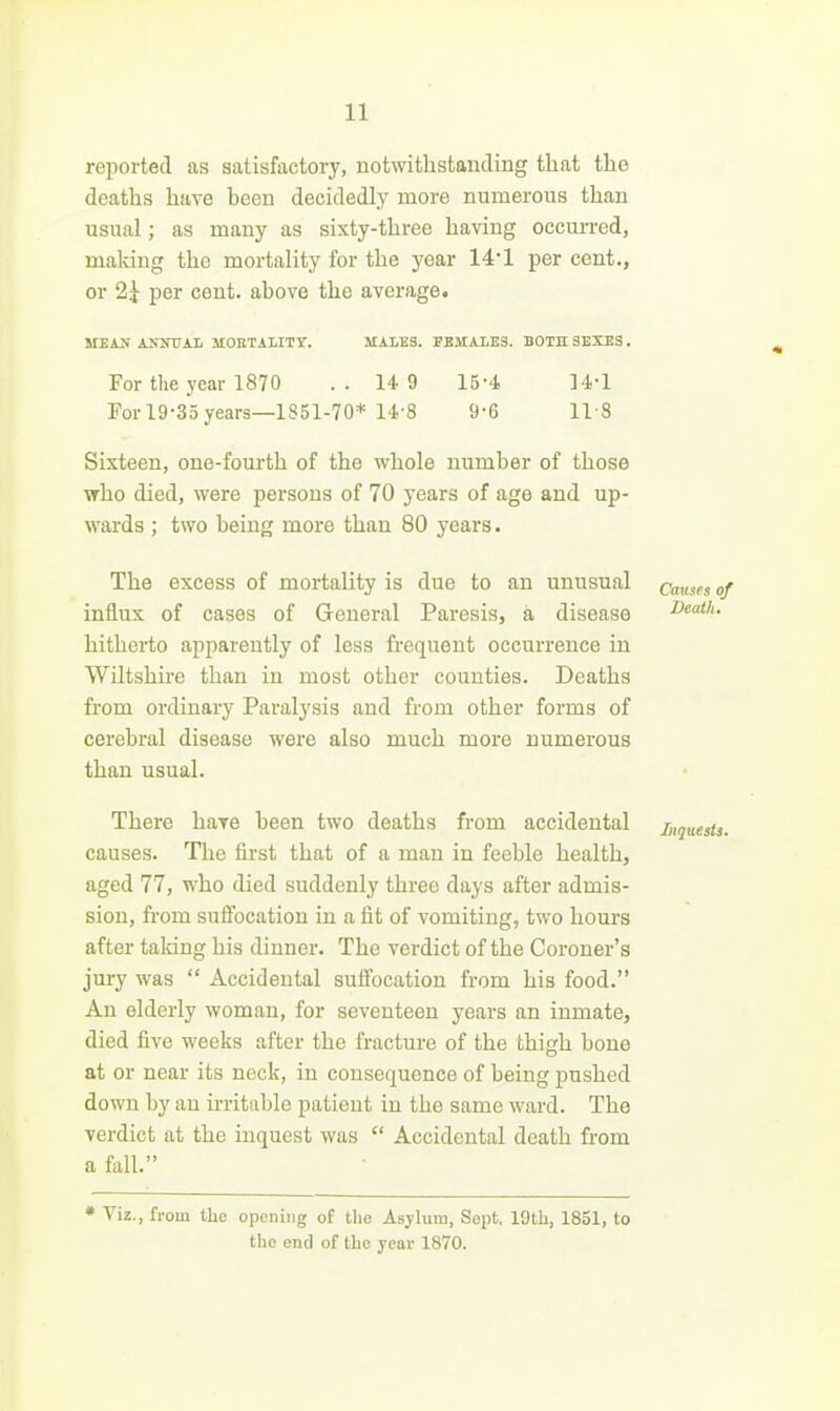 rei^orted as satisfactory, uotwithstanding that the deaths have been decidedly more numerous than usual; as many as sixty-three having occurred, making the mortality for the year 14*1 per cent., or 2^^ per cent, above the average. MEiN AiraiJAL MOETALITY. MALES. FBSIAIES. B0TH3EXBS. For tlie year 1870 . . 14 9 15-4 34-1 Forl9-35years—1S51-70* 14-8 9-6 llS Sixteen, one-fourth of the whole number of those who died, were persons of 70 years of age and up- wards ; two being more than 80 years. The excess of mortality is due to an unusual causes of influx of cases of General Paresis, a disease Death. hitherto apparently of less frequent occurrence in Wiltshire than in most other counties. Deaths from ordinary Paralysis and from other forms of cerebral disease were also much more numerous than usual. There have been two deaths from accidental inquests. causes. The first that of a man in feeble health, aged 77, who died suddenly three days after admis- sion, from suffocation in a fit of vomiting, two hours after taldng his dinner. The verdict of the Coroner's jury was  Accidental suffocation from his food. An elderly woman, for seventeen years an inmate, died five weeks after the fracture of the thigh bone at or near its neck, in consequence of being pushed down by an irritable patient in the same ward. The verdict at the inquest was  Accidental death from a fall. • Viz., from the opening of tlie Asylum, Sept. lOtli, 1851, to the end of the year 1870.