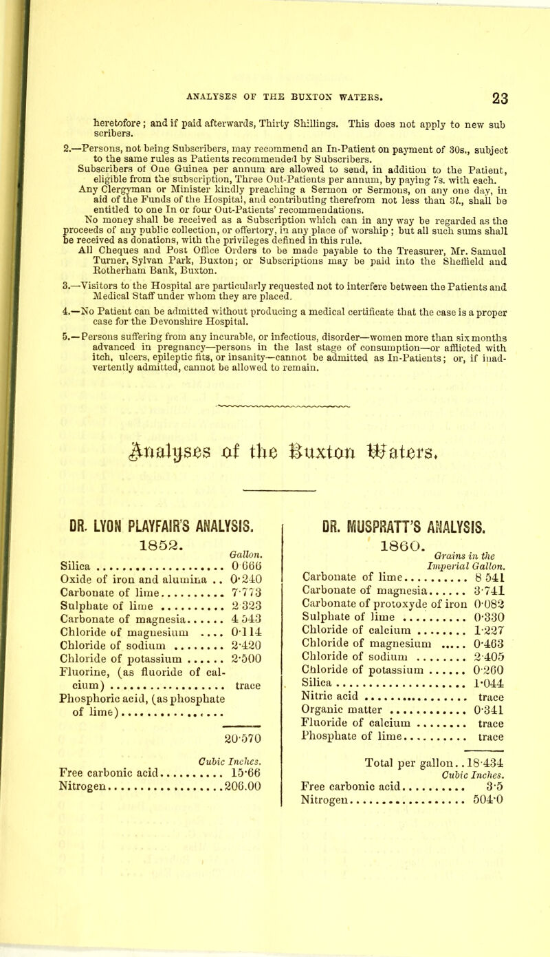 heretofore ; and if paid afterwards, Thirty Shillings. This does not apply to new sub scribers. 2. —Persons, not being Subscribers, may recommend an In-Patient on payment of 30s., subject to the same rules as Patients recommeudeil by Subscribers. Subscribers ot One Guinea per annum are allowed to send, in addition to the Patient, eligible from the subscription, Three Out-Patients per annum, by paying 7s. -with each. Any Clergyman or Minister kindly preaching a Sermon or Sermons, on any one day, in aid of the Funds of the I^ospital, and contributing therefrom not less than 31, shall be entitled to one In or foui* Out-Patients' recommendations. No money shall be received as a Subscription which can in any way be regarded as the proceeds of any public collection, or offertory, in any place of worship ; but all such sums shall be received as donations, with the privileges defined in this rule. All Cheques and Post Office Orders to be made payable to the Treasurer, Mr. Samuel Turner, Sylvan Park, Buxton; or Subscriptions may be paid into the Sheffield and Rotherham Bank, Buxton. 3. —Visitors to the Hospital are particularly requested not to interfere between the Patients and Medical Staff under whom they are placed. 4. —No Patient can be admitted without producing a medical certificate that the case is a proper case for the Devonshire Hospital. 5. —Persons suffering from any incurable, or infectious, disorder—women more than six months advanced in pregnancy—persons in the last stage of consumption—or afflicted with itch, ulcers, epileptic fits, or insanity—cannot be admitted as In-Patients; or, if inad- vertently admitted, cannot be allowed to remain. Jinalys-es of the J^uxton Waters* DR. LYON PLAYFAIR'S ANALYSIS. Gallon. Silica 0 G6() Oxide of iron and alumina .. 0'2-iO Carbonate of lime 7'773 Sulphate of lime 2 323 Carbonate of magnesia 4 543 Chloride of magnesium .... 0-114 Chloride of sodium 2*420 Chloride of potassium 2-500 Fluorine, (as fluoride of cal- cium) trace Phosphoric acid, (as phosphate of lime) 20'570 Cubic Inches. Free carbonic acid 15-66 Nitrogen 206.00 DR. MUSPRATT'S A?^ALYSIS. I860. Grains in the Imperial Gallon. Carbonate of lime 8 541 Carbonate of magnesia 3 741 Carbonate of protoxyde of iron 0-082 Sulphate of lime 0-330 Chloride of calcium 1-227 Chloride of magnesium 0*463 Chloride of sodium 2 405 Chloride of potassium 0 260 Silica 1-044 Nitric acid trace Organic matter 0*341 Fluoride of calcium trace Phosphate of lime trace Total per gallon.. 18 434 Cubic Inches. Free carbonic acid 3-5 Nitrogen 504*0