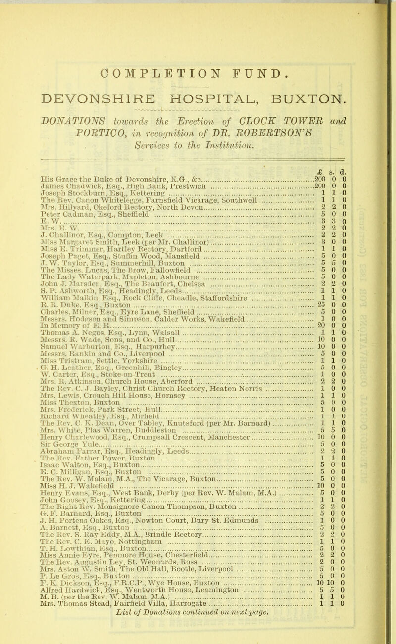 COMPLETION FUND. DEVONSHIRE HOSPITAL, BUXTON. DONATIONS towards the Erection of CLOCK TOWER and POBTICO, in recognition of BE. ROBERTSON'S Services to the Institution, £ s. d. His Grace the Duke of Devonshire, K.G., &c 20v0 0 0 James Chadwick, Esq., High Bank, Prestwich 200 0 0 Joseph Stockburn, Esq., Kettering 110 The Rev. Canon Whitelegge, Farnsfield Vicarage, Southwell 1 1 0 Mrs. Hillyard, Okeford liectory, North Devon 2 2 0 Peter Cadman, Esq., Sheffield 5 0 0 E, W 3 3 0 Mrs. E. W 2 2 0 J. Chainnor, Esq., Compton, Leek 2 2 0 Miss Margaret Smith, Leek (per Mr. Challiiior) 3 0 0 Miss E. Trimmer, Hartley Rectory, Dartford 110 Joseph Paget, Esq., Stiaffin Wood, Mansfield 5 0 0 J. W. Taylor, Esq., Sumnierhill, Buxton 5 5 0 The Misses. Lucas, The Brow, Eallowfield 5 0 0 The Lady Watcrpark, Mapleton, Ashbourne .5 0 0 John J. Marsden, Esq., The Beaufort, Chelsea 2 2 0 S. P. Ashworth, Esq., Headingly, Leeds 110 William Malkin, Esq., Rock Cliffe, Cheadle, Staflordshiru 1 1 0 R. li. Duke, Esq., Buxton 25 0 0 Charles, Milner, Esq., Eyre Lane, Sheffield GOO Messrs. Hodgson and Simpson, Calder Works, Wakefield 3 0 0 In Memory of E. R 20 0 0 Thomas A. Negus, Esq., Lvnn, Walsall 110 Messrs. R. Wade, Sons, and Co., Hull 10 0 0 Samuel Warburton, Esq., Harpurhey 10 0 0 Messrs. Rankin and Co., Liverpool 5 0 0 Miss Tristram, Settle. Yorkshire 1 1 0 - G. H. Leather, Esq., Greenhill, Bingley 5 0 0 W. Carter, Esq., Stoke-on-Trent 10 0 Mrs. R. Atkinson, Church House, Aberford 2 2 0 The Rev. C. J. Bayley, Cbrist ( Inijch Rectory, Heaton Norris 10 0 Mrs. Lewis, Crouch Hill House, Hornsey 1 1 0 Miss The.xton, Buxton 5 () 0 Mrs. Frederick, Park Street, Hull 10 0 Richard Wheatley, Esq., Mu-field 110 The Rev. C. K. Dean, Over Tablcv, Knutsford (per Mr. Barnard) 110 Mrs. White, Plas Warren, Duddlcstoji 5 5 0 Henry Charlewood, Esq., Crunipsall Crescent, Manchester 10 0 0 Sir George Yule 5 0 0 Abraham Farrar, Esq., Headingly, Leeds 2 2 0 The Rev. Father Power, Buxton 1 1 0 Isaac Walton, Esq., Buxton 5 0 0 E. G. Milhgan, Esq., Buxton 5 0 0 The Rev. W. Malam, M.A., The Vicarage, Buxton 5 0 0 Miss H. J. Wakefield 10 0 0 Henry Evans, Esq., West Bank, Derby (per Rev. W. Malam, M.A.) 5 0 0 John Goosey, Esq., Kettering 110 The Right Rev. Monsignore Canon Thompson, Buxton 2 2 0 G. P. Barnard, Esq., Buxton 5 0 0 J. H. Porteus Oakes, Esq., Nowton Court, Bury St. Edmunds 10 0 A. Barnett, Esq., Buxton 5 0 0 The Rev. S. Ray Eddy, M.A.,Brindle Rectory 2 2 0 The Rev. C. E. M.ivo, Nottingham 110 T. H. Lev, tliiaii, Ksq., I'.uxtou 5 0 0 Miss Annie l-^vre, Peumore House, Chesterfield 2 2 0 The Rev. Angustiu Ley, St. Weonards, Ross 2 0 0 Mrs. Aston W. Smith, The Old Hall, Bootle, Liverpool 5 0 0 P. Le Gros, Esq., Buxton 5 0 0 F. K. Dickson, Esq., F.R.C.P., Wye House, Buxton 10 10 0 Alfred Hardwick, Esq., Wentworth House, Leamington 5 5 0 M. B. (per the Rev. W. Malam, M.A.) 110 Mrs. Thomas Stead, Fairfield Villa, Harrogate 1 1 0 List of Donations continued on next'page.