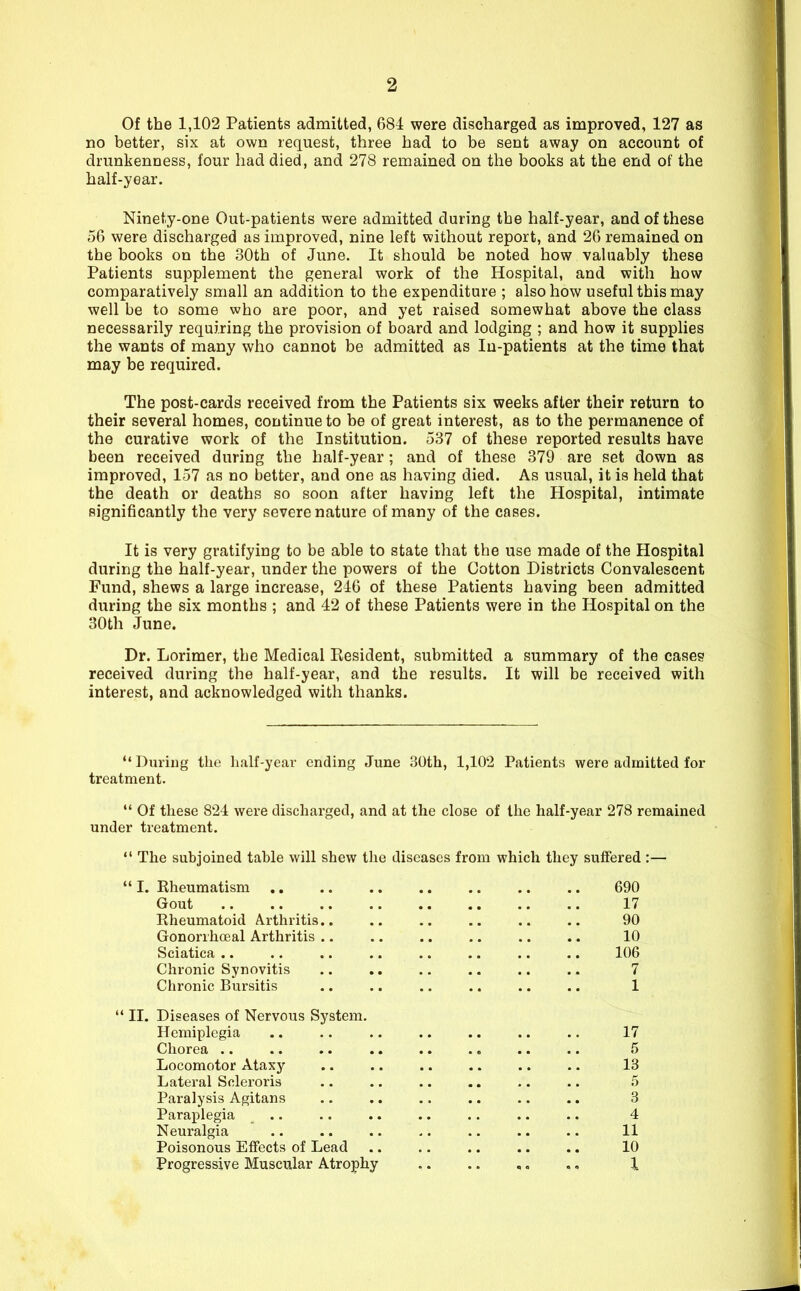 Of the 1,102 Patients admitted, 681 were discharged as improved, 127 as no better, six at own request, three had to be sent away on account of drunkenness, four had died, and 278 remained on the books at the end of the half-year. Ninety-one Out-patients were admitted during the half-year, and of these 56 were discharged as improved, nine left without report, and 26 remained on the books on the 30th of June. It should be noted how valuably these Patients supplement the general work of the Hospital, and with how comparatively small an addition to the expenditure ; also how useful this may well be to some who are poor, and yet raised somewhat above the class necessarily requiring the provision of board and lodging ; and how it supplies the wants of many who cannot be admitted as In-patients at the time that may be required. The post-cards received from the Patients six weeks after their return to their several homes, continue to be of great interest, as to the permanence of the curative work of the Institution. 537 of these reported results have been received during the half-year; and of these 379 are set down as improved, 157 as no better, and one as having died. As usual, it is held that the death or deaths so soon after having left the Hospital, intimate significantly the very severe nature of many of the cases. It is very gratifying to be able to state that the use made of the Hospital during the half-year, under the powers of the Cotton Districts Convalescent Fund, shews a large increase, 246 of these Patients having been admitted during the six months ; and 42 of these Patients were in the Hospital on the 30th June. Dr. Lorimer, the Medical Resident, submitted a summary of the case? received during the half-year, and the results. It will be received with interest, and acknowledged with thanks. During the half-year ending June 30th, 1,102 Patients were admitted for treatment.  Of these 824 were discharged, and at the close of the half-year 278 remained under treatment.  The subjoined table will shew the diseases from which they suffered :—  I. Rheumatism 690 Gout 17 Rheumatoid Arthritis.. .. .. .. ,. .. 90 Gonorrhoeal Arthritis .. .. .. .. .. .. 10 Sciatica 106 Chronic Synovitis 7 Chronic Bursitis .. .. .. .. .. .. 1 '* II. Diseases of Nervous System. Hemiplegia 17 Chorea .. .. .. .. .. ., .. .. 5 Locomotor Ataxy .. .. .. .. .. .. 13 Lateral Scleroris .. .. .. .. .. .. 5 Paralysis Agitans .. .. .. .. .. .. 3 Paraplegia .. .. .. .. .. .. .. 4 Neuralgia .. .. .. ,. .. .. .. 11 Poisonous Eflfects of Lead 10 Progressive Muscular Atrophy ., I