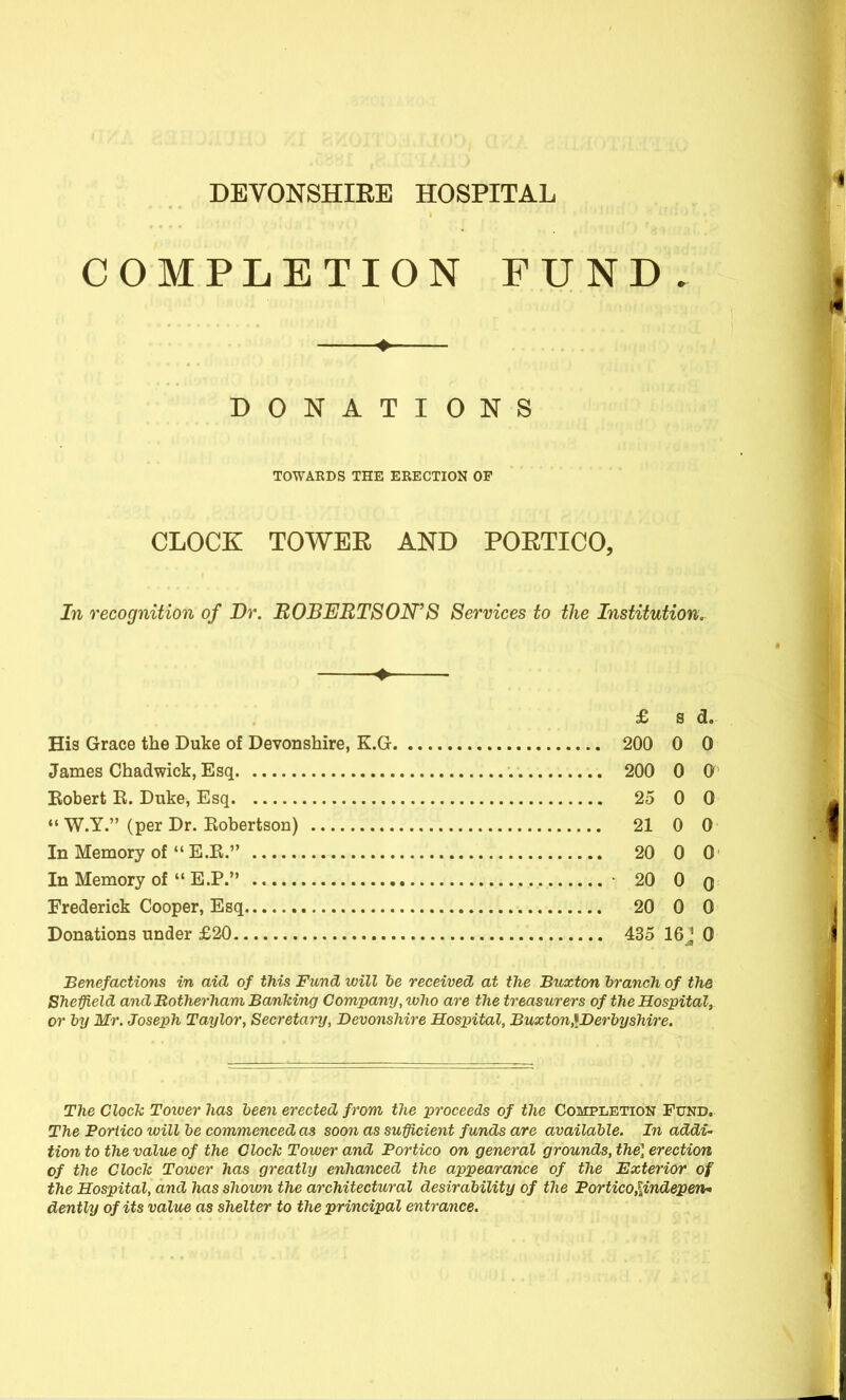 DEVONSHIEE HOSPITAL COMPLETION FUND. ♦ DONATIONS TOWARDS THE ERECTION OP CLOCK TOWER AND POETICO, In recognition of Br. BOBEBTSON'8 Services to the Institution. ^ £ a d. His Grace the Duke of Devonshire, K.G 200 0 0 James Chadwick, Esq 200 0 a Eobert R. Duke, Esq 25 0 0 «'W.Y. (per Dr. Robertson) 21 0 0 In Memory of E.R. 20 0 0 In Memory of  E.P. • 20 0 q Frederick Cooper, Esq 20 0 0 Donations under £20 435 16J 0 Benefactions in aid of this Fund will be received at the Buxton branch of the Sheffleld and Botherham Banking Company, who are the treasurers of the Hospital, or by Mr. Joseph Taylor, Secretary, Devonshire Hospital, Buxton,Werbyshire. The ClocTc Tower has been erected from the proceeds of the Completion Fund. The Portico will be commenced as soon as sufficient funds are available. In addi- tion to the value of the Clock Tower and Portico on general grounds, the] erection of the Clock Tower has greatly enhanced the appearance of the Exterior of the Hospital, and has shown the architectural desirability of the Portico^^inde'pen- dently of its value as shelter to the principal entrance.