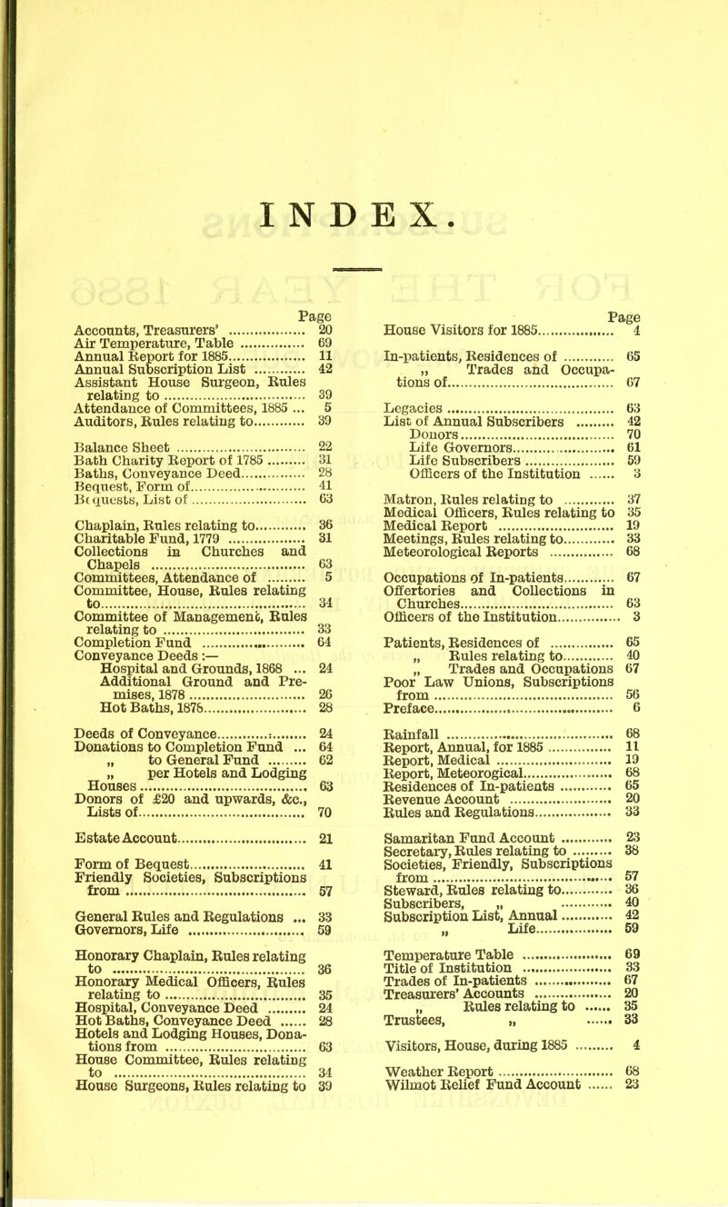 INDEX Page Accounts, Treasurers' 20 Air Temperature, Table 69 Annual Keport for 1885 11 Annual Subscription List 42 Assistant House Surgeon, Rules relating to 39 Attendance of Committees, 1885 ... 5 Auditors, Rules relating to 39 Balance Sheet 22 Bath Charity Report of 1785 31 Baths, Conveyance Deed 28 Bequest, Form of 41 Bi quests, List of 63 Chaplain, Rules relating to 36 Charitable Fund, 1779 31 Collections in Churches and Chapels 63 Committees, Attendance of 5 Committee, House, Rules relating to 34 Committee of Management, Rules relating to 33 Completion Fund 64 Conveyance Deeds :— Hospital and Grounds, 1868 ... 24 Additional Ground and Pre- mises, 1878 26 Hot Baths, 1878 28 Deeds of Conveyance : 24 Donations to Completion Fund ... 64 „ to General Fund 62 „ per Hotels and Lodging Houses 63 Donors of £20 and upwards, &c., Lists of 70 Estate Account 21 Form of Bequest 41 Friendly Societies, Subscriptions from 57 General Rules and Regulations ... 33 Governors, Life 59 Honorary Chaplain, Rules relating to 36 Honorary Medical Oflicers, Rules relating to 35 Hospital, Conveyance Deed 24 Hot Baths, Conveyance Deed 28 Hotels and Lodging Houses, Dona- tions from 63 House Committee, Rules relating to 34 Page House Visitors for 1885 4 In-patients, Residences of 65 „ Trades and Occupa- tions of 67 Legacies 63 List of Annual Subscribers 42 Donors 70 Life Governors 61 Life Subscribers 59 Officers of the Institution 3 Matron, Rules relating to 37 Medical Officers, Rules relating to 35 Medical Report 19 Meetings, Rules relating to 33 Meteorological Reports 68 Occupations of In-patients 67 Offertories and Collections in Churches 63 Officers of the Institution 3 Patients, Residences of 65 „ Rules relating to 40 „ Trades and Occupations 67 Poor Law Unions, Subscriptions from 56 Preface 6 Rainfall 68 Report, Annual, for 1885 11 Report, Medical 19 Report, Meteorogical 68 Residences of In-patients 65 Revenue Account 20 Rules and Regulations 33 Samaritan Fund Account 23 Secretary, Rules relating to 38 Societies, Friendly, Subscriptions from 57 Steward, Rules relating to , 36 Subscribers, „ 40 Subscription List, Annual 42 Life... 59 Temperature Table 69 Title of Institution 33 Trades of In-patients 67 Treasurers' Accounts 20 „ Rules relating to 35 Trustees, ...... 33 Visitors, House, during 1885 4 Weather Report 68