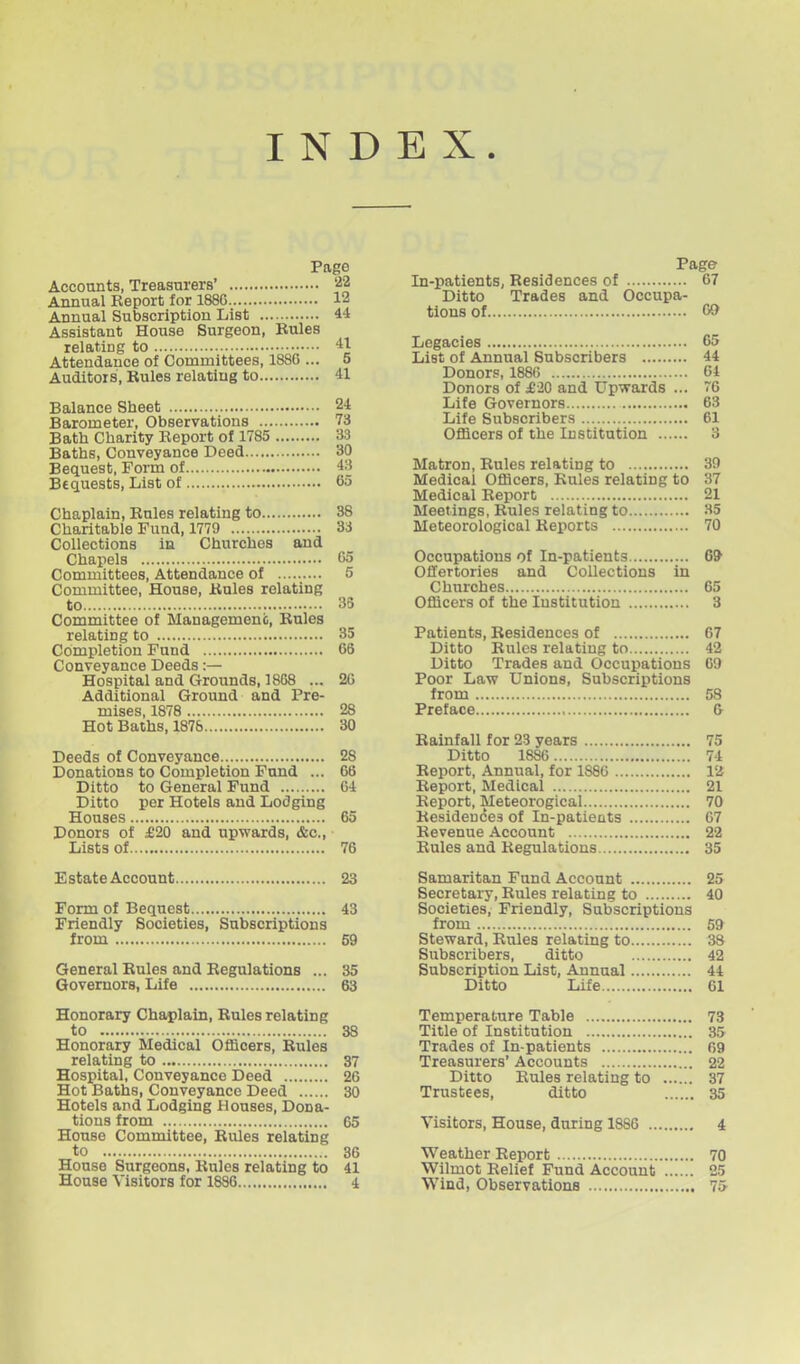 INDEX Page Accounts, Treasurers' '^2 Annual Report for 188G 12 Annual Subscription List 44 Assistant House Surgeon, Rules relating to 41 Attendance of Committees, 188G ... 5 Auditors, Rules relating to 41 Balance Sheet 24 Barometer, Observations 73 Bath Charity Report of 1785 33 Baths, Conveyance Deed 30 Bequest, Form of 43 Bequests, List of 65 Chaplain, Rules relating to 38 Charitable Fund, 1779 83 Collections in Churches and Chapels 65 Committees, Attendance of 5 Committee, House, Rules relating to 35 Committee of Management, Rules relating to 35 Completion Fund 66 Conveyance Deeds:— Hospital and Grounds, 18G8 ... 26 Additional Ground and Pre- mises, 1878 28 Hot Baths, 1878 30 Deeds of Conveyance 28 Donations to Completion Fund ... 66 Ditto to General Fund 04 Ditto per Hotels and Lodging Houses 65 Donors of £20 and upwards, &c., Lists of 76 Estate Account 23 Form of Bequest 43 Friendly Societies, Subscriptions from 59 General Rules and Regulations ... 35 Governors, Life 63 Honorary Chaplain, Rules relating to 38 Honorary Medical Officers, Rules relating to 37 Hospital, Conveyance Deed 26 Hot Baths, Conveyance Deed 30 Hotels and Lodging Houses, Dona- tions from 65 House Committee, Rules relating to 36 House Surgeons, Rules relating to 41 House Visitors for 1886 4 Page In-patients, Residences of 67 Ditto Trades and Occupa- tions of 69 Legacies 65 List of Annual Subscribers 44 Donors, 1886 61 Donors of £20 and Upwards ... ~6 Life Governors 63 Life Subscribers 61 Officers of the Institution 3 Matron, Rules relating to 39 Medical Officers, Rules relating to 37 Medical Report 21 Meetings, Rules relating to 35 Meteorological Reports 70 Occupations of In-patients 6* Offertories and Collections in Churches 65 Officers of the Institution 3 Patients, Residences of 67 Ditto Rules relating to 42 Ditto Trades and Occupations C9 Poor Law Unions, Subscriptions from 58 Preface & Rainfall for 23 years 75 Ditto 1886 74 Report, Annual, for 1886 12 Report, Medical 21 Report, Meteorogical 70 Residences of In-patients G7 Revenue Account 22 Rules and Regulations 35 Samaritan Fund Account 25 Secretary, Rules relating to 40 Societies, Friendly, Subscriptions from 59 Steward, Rules relating to 38 Subscribers, ditto 42 Subscription List, Annual 44 Ditto Life 61 Temperature Table 73 Title of Institution 35 Trades of In-patients 69 Treasurers' Accounts 22 Ditto Rules relating to 37 Trustees, ditto 35 Visitors, House, during 1886 4 Weather Report 70 Wilmot Relief Fund Account 25 Wind, Observations 75