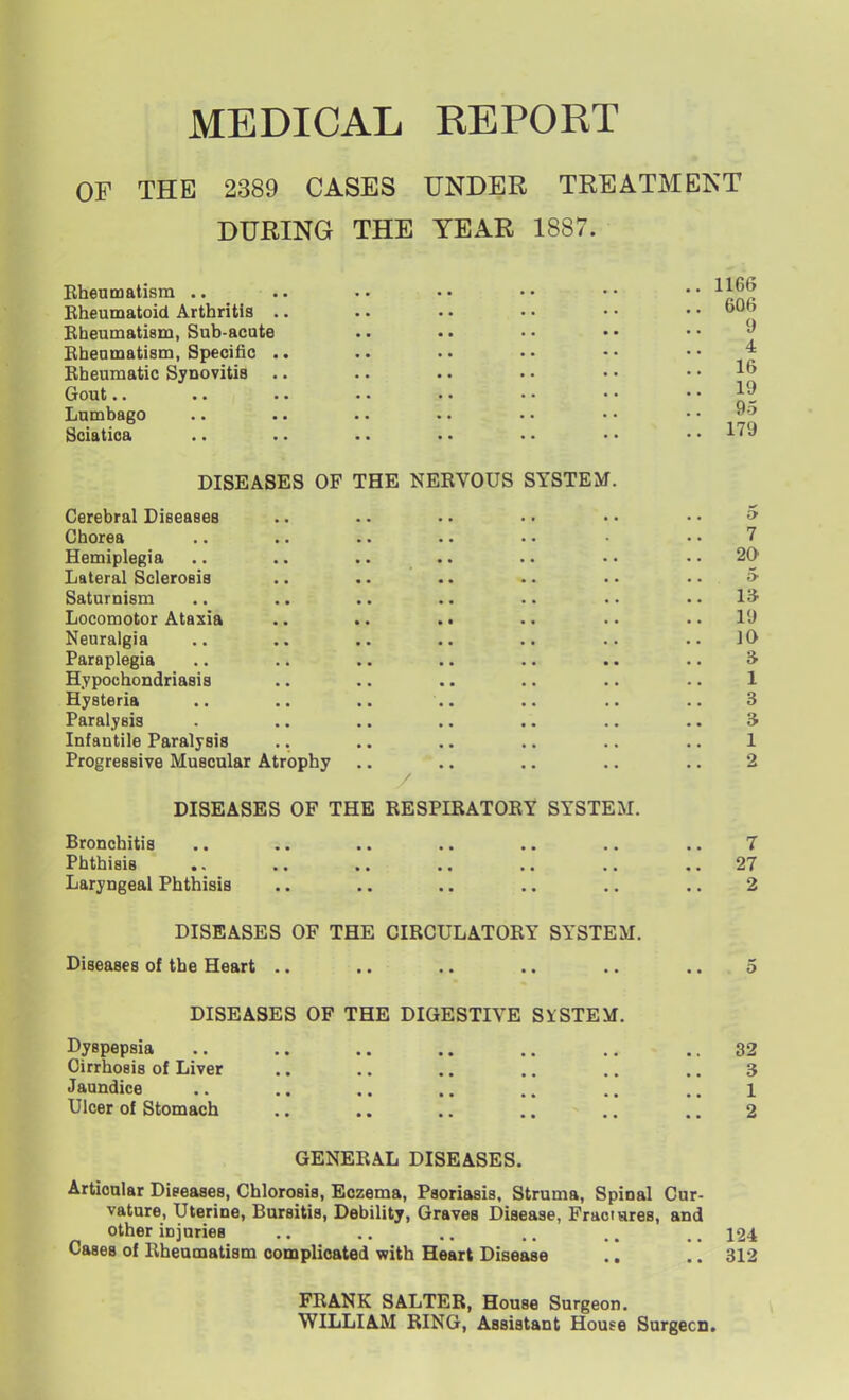MEDICAL REPORT OF THE 2389 CASES UNDER TREATMENT DURING THE YEAR 1887. Ebeumatism .. Kheumatoid Arthritis .. Rheumatism, Sub-acute Rhenmatism, Specific .. Rheumatic Synovitis Gout.. Lumbago Sciatica DISEASES OF Cerebral Diseases Chorea Hemiplegia Lateral Sclerosis Saturnism Locomotor Ataxia Neuralgia Paraplegia Hypochondriasis Hysteria Paralysis Infantile Paralysis Progressive Muscular Atrophy DISEASES OF THE RESPIRATORY SYSTEM. Bronchitis .. .. .. .. .. .. .. 7 Phthisis .. .. .. .. .. .. ..27 Laryngeal Phthisis .. •. .. .. .. .. 2 DISEASES OF THE CIRCULATORY SYSTEM. Diseases of the Heart .. .. .. .. .. .. 5 DISEASES OF THE DIGESTIVE SYSTEM. Dyspepsia .. .. .. .. .. .. ..32 Cirrhosis of Liver .. .. .. .. .. .. 3 Jaundice .. .. .. .. .. .. i Ulcer of Stomach .. .. .. .. .. .. 2 GENERAL DISEASES. Articular Diseases, Chlorosis, Eczema, Psoriasis, Struma, Spinal Cur- vature, Uterine, Bursitis, Debility, Graves Disease, Fraoiares, and other injuries .. .. .. .. .. .. 124 Cases of Rheuoaatism complicated v»ith Heart Disease .. .. 312 THE NERVOUS SYSTEM 606 9 4 16 19 95 179 7 20 13 19 10 3 1 3 3 1 2 FRANK SALTER, House Surgeon. WILLIAM RING, Assistant House Surgeon.