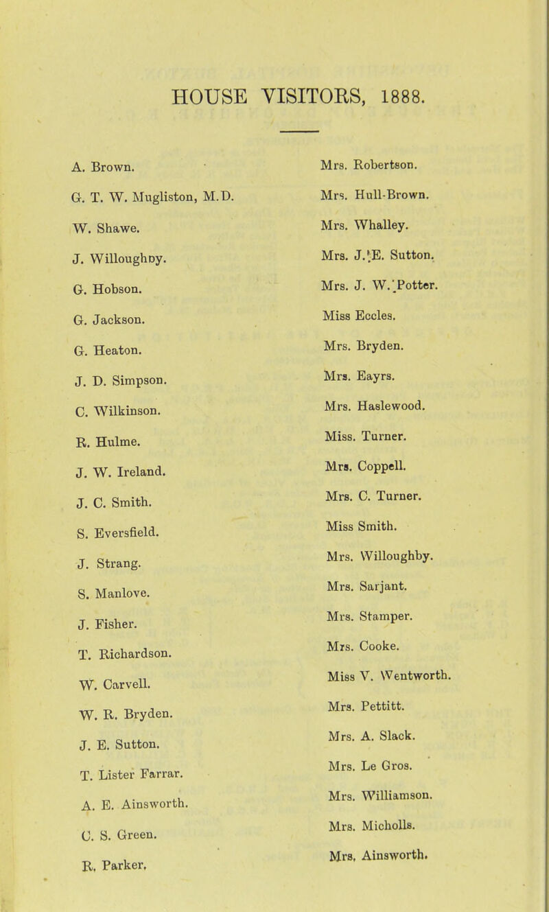 HOUSE VISITORS, 1888. A. Brown. Mrs. Robertson. G. T. W. Mugliston, M.D. Mrs. Hull-Brown. W. Shawe. Mrs. Whalley. J. Willoughoy. Mrs. J.^E. Sutton, 6. Hobson. Mrs. J. W. Totter. G. Jackson. Miss Eccles. G. Heaton. Mrs. Bryden. J. D. Simpson. Mrs. Eayrs. C. Wilkinson. Mrs. Haslewood. R. Hulme. Miss. Turner. J. W. Ireland. Mrs. Coppell. J. C. Smith. Mrs. C. Turner. S. Eversfield. Miss Smith. J. Strang. Mrs. Willoughby. S. Manlove. Mrs. Sarjant. J. Fisher. Mrs. Stamper. T. Richardson. Mis. Cooke. W Carvell. Miss V. Wentwortb. W R Brvden. Mrs. Pettitt. J. E. Sutton. Mrs. A. Slack. T. Lister Farrar. Mrs. Le Gros. A. B. Ainsworth. Mrs. Williamson. C. S. Green. Mrs. Micholls. R. Parker. Mrs, Ainsworth.