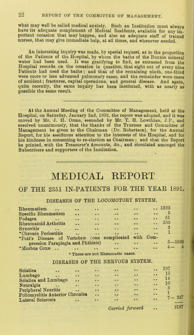 what may well be called medical anxiety. Snoh an Institution mnat always have its adequate complement of Medical Residents, available (or any im- portant occasion that may happen, and also an adequate staff of trained narses, that may give immediate help, at all times, and whenever needed. An interesting inquiry was made, by special request, as to the proportion of the Patients of the Hospital, by whom the baths of the Baxton mineral water had been used. It was gratifying to find, as extracted from the Hospital records, on the occasion in question, that eight out of every nine Patients had used the baths ; and that of the remaining niatb, one-third were more or less advanced pulmonary oases, and the remainder were cases of accident; fractures, capital operations, and general disease. And again, quite recently, the same inquiry has been instituted, with as nearly as possible the same result. At the Annual Meeting of the Committee of Management, held at the Hospital, on Saturday, January 2nd, 1892, the report was adapted, and it was moved by Mr. J. H. Orme, seconded by Mr. T, H. Lowthian, J.P., and resolved unanimously, that the thanks of the Trustees and Committee of Management be given to the Chairman (Dr. Boberteon), for tbe Annual Beport, for his assiduous attention to the interests of tbe Hospital, and for his kindness in consenting to re-eleotion as Cbairman ; and that tbe Report be printed, with the Treasurer's Accounts, &c., and circulated amongst the Subscribers and supporters of the Institution. MEDICAL REPORT OF THE 2351 IN-PATIENTS FOR THE YEAR 1891. DISEASES OP THE LOCOMOTORY SYSTEM, Ebenmatism Specific Rheumatism Podagra Rheumatoid Arthritis Synovitis •Chronic Periostitis Pott's Disease of Vertebrte (one complicated with Com- pression Paraplegia and Phthisis) * Morbus Coxae .. * These are not Bhenmatio cases. DISEASES OP THE NERVOUS SYSTEM. Sciatica Lumbago Sciatica and Lumbago l^euralgia Peripheral Neuritis Poliomyelitis Anterior Chronica Lateral Sclerosis Carried forward 1322 5 51 550 2 5—1936 4- 4 197 15 14 10 3 1 7— 247 2187