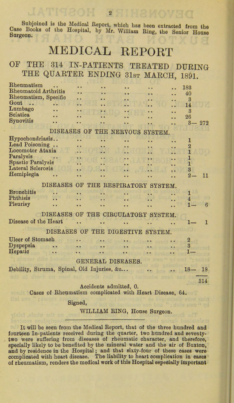 Subjoined i8 the Medical Beport, which has been extracted from the Case Books of the Hospital, by Mr. William Ring, the Senior Hoase bargeoD. MEDICAL REPORT OF THE 314 IN-PATIENTS TREATED DURING THE QUARTER ENDING 31st MARCH, 1891. Bbenmatism Bheamatoid Arthritis Bhenmatism, Specific Gout .. Lumbago Sciatica Synovitis DISEASES OF THE NERVOUS SYSTEM. Hypochondriasis.. Lead Poisoning .. Locomotor Ataxia Paralysis Spastic Paralysis Lateral Sclerosis Hemiplegia Bronchitis Phthisis Pleurisy DISEASES OF THE RESPIRATORY SYSTEM. DISEASES OF THE CIRCULATORY SYSTEM. Disease of the Heart DISEASES OP THE DIGESTIVE SYSTEM. Ulcer of Stomach Dyspepsia Hepaiio .. . • .. .. .. GENERAL DISEASES. Debility, Struma, Spinal, Old Injuries, &o... 183 40 3 U 3 26 3— 272 1 2 1 1 1 3 2- 11 Accidents admitted, 0. Gases of Rheumatism complicated with Heart Disease, 64. Signed, WILLIAM RING, House Surgeon. 1 4 1- 1— 2 3 1— 18— 18 314 It will be seen from the Medical Beport, that of the three hundred and fourteen In-patients received during the quarter, two hundred and seventy- two were suffering from diseases of rheumatic character, and therefore, specially likely to be benefited by the mineral water and the air of Buxton, and by residence in the Hospital; and that sixty-four of these oases were complicated with heart disease. The liability to heart complication in cases of rheumatism, renders the medical work of this Hospital especially important