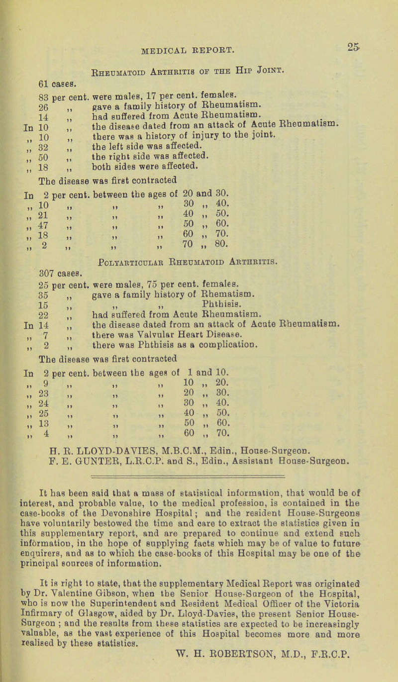 61 cases. 88 per cent. 26 14 In 10 io „ 32 „ 50 „ 18 In II n 9) 1) n Rheumatoid Arthritis of the Hip Joint. were males, 17 per cent, females. gave a family history of Rheumatism. had suffered from Acute Rheumatism. the disease dated from an attack of Acute Rheumatism. there was a history of injury to the joint. the left side was affected. the right side was affected. both sides were affected. The disease was first contracted 2 per cent, between the ages of 20 and 30. 10 „ If „ 30 „ 40. 21 „ If „ 40 „ 50. 47 „ If „ 50 „ 60. 18 II „ 60 „ 70. 2 „ II „ 70 „ 80. Polyarticular Rheumatoid Arthritis. 307 cases. 25 per cent were males, 75 per cent, females. 35 ,, gave a family history of Rhematism. 15 „ „ ,, Phthisis._ 22 ,, had suffered from Acute Rheumatism. In 14 ,, the disease dated from an attack of Acute Rheumatism. f> 7 ,, there was Valvular Heart Disease. n 2 ,, there was Phthisis as a complication. The disease was first contracted In 2 per cent, between the ages of II II 23 II II 1) 24 II II 25 II It 13 II II 4 II 1 and 10. 10 „ 20. 20 „ 30. 30 „ 40. 40 ,, 50. 50 „ 60. 60 „ 70. H. R. LLOYD-DAVIES, M.B.C.M., Edin., House-Surgeon. F. E. GUNTER, L.R.C.P. and S., Edin., Assistant House-Surgeon. It has been said that a mass of statistical information, that would be of interest, and probable value, to the medical profession, is contained in the case-books of the Devonshire Hospital; and the resident House-Surgeons have voluntarily bestowed the time and care to extraot the statistics given in this supplementary report, and are prepared to continue and extend such information, in the hope of supplying faots which may be of value to future enquirers, and as to which the case-books of this Hospital may be one of the principal sources of information. It is right to state, that the supplementary Medical Report was originated by Dr. Valentine Gibson, when the Senior House-Surgeon of the Hospital, who is now the Superintendent and Resident Medioal Officer of the Victoria Infirmary of Glasgow, aided by Dr. Lloyd-Davies, the present Senior House- Surgeon ; and the results from these statistics are expected to be increasingly valuable, as the vast experience of this Hospital becomes more and more realised by these statistics. W. H. ROBERTSON, M.D., F.R.C.P.