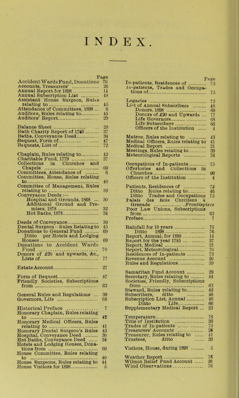 INDEX. Page Accident Wards Fund, Donations 70 AccouDtB, Treasurers' 26 Annual Report for 1898 H Annual Subscription List 48 AsBistant House Burgeon, Rules relating to 45 Attendance of Committees, 1898 ... 6 AuditoiB, Rules relating to 45 Auditors' Report 29 Balance Sheet 28 Bath Charity Report of 1785 37 Baths, Conveyance Deed 34 Bequest, Form of 47 Bequests, List of 72 <3baplain, Rules relating to 42 Charitable Fund, 1779 37 Collections in Churches and Chapels 69 Committees, Attendance of 6 Committee, House, Rules relating to 40 Committee of Managemenc, Rules relating to .S9 •Conveyance Deeds:— Hospital and Grounds, 1868 ... 30 Additional Ground and Pre- mises, 1878 32 Hot Baths, 1878 34 Deeds of Conveyance 30 Dental Surgeon-Rules Relating to 45 Donations to General Fund 69 Ditto per Hotels and Lodging Houses 69 Donations to Accident Wards Fund 70 Donors of £20 and upwards, &c., Lists of 77 E state Account 27 Form of Bequest 47 Friendly Societies, Subscriptions from 63 General Rules and Regulations ... 39 Governors, Life 68 Historical Preface 7 Honorary Chaplain, Rules relating to 42 Honorary Medical Of&oers, Rules relating to 41 Honorary Dental Surgeon's Rules 45 Hospital, Conveyance Deed 30 Hot Baths, Conveyance Deed 34 Hotels and Lodging Houses, Dona- tions from 69 House Committee, Rules relating to 40 House Surgeons, Rules relating to 44 House Visitors for 1898 5 Pnce In-patients, Residences of 73 lu-patients, Trades and Occupa- tions of 75 Legacies 72 Lilt of Annual Subscribers 48 Donors, 1898 69 Donors of £20 and Upwards ... 77 Life Governors 68 Life STibscribers 66 Officers of the Institution 4 Matron, Rules relating to 43 Medical Officers, Rules relating to 41 Medical Report 21 Meetings, Rules relating to 39 Meteorological Reports 76 Occupations of In-patients 75 Offertories and Collections in Churches 69 Officers of the Institution 4 Patients, Residences of 73 Ditto Rules relating to 46 Ditto Trades and Occupations 75 Palais des Kois Chretiens a Grenade Frontispiece Poor Law Unions, Subscriptions from 62 Preface 7 Rainfall for 10 years 76 Ditto 1898 76. Report, Annual, for 1898 14 Report lor the year 1785 ... 37 Report, Medical 21 Report, Meteorological 76 ResideDceo of In-patieuts 73 Revenue Account 26 Rules and Regulations 39 Samaritan Fund Account 29 Secretary, Rules relating to 44 Societies, Friendly, Subscriptions from 63 Steward, Rules relating to 42 Subscribers, ditto 46 Subscription List, Annual 48 Ditto Life 66 Supplementary Medical Report... 23 Temperature 76 Title of Institution 39 Trades of In-patients 75 'Treasurers' Accounts 2fi Treasurer, Rules relating to 41 Trustees, ditto 39 Visitors, House, during 1898 5 Weather Report 76 Wilmot Relief Fund Account 28 Wind Observations 76