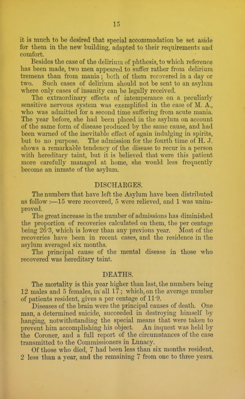 it is much to be desired that special accommodation be set aside for them in the new building, adapted to their requirements and comfort. Besides the case of the delirium of phtliesis, to which reference lias been made, two men appeared to suffer rather from delirium tremens than from mania; both of them recovered in a day or two. Such cases of delirium should not be sent to an asylum where only cases of insanity can be legally received. The extraordinary effects of intemperance on a peculiarly sensitive nervous system was exemplified in the case of M. A., who was admitted for a second time suffering from acute mania. The year before, she had been placed in the asylum on account of the same form of disease produced by the same cause, and had been warned of the inevitable effect of again indulging in spirits, but to no purpose. The admission for the fourth time of H. J. shows a remarkable tendency of the disease to recur in a person with hereditary taint, but it is believed that were this patient more carefully managed at home, she would less frequently become an inmate of the asylum. DISCHAEGES. The numbers that have left the Asylum have been distributed as follow :—15 were recovered, 5 were relieved, and 1 was unim- proved. The great increase in the number of admissions has diminished the proportion of recoveries calculated on them, the per centage being 26'3, which is lower than any previous year. Most of the recoveries have been in recent cases, and the residence in the asylum averaged six months. The principal cause of the mental disease in those who recovered was hereditary taint. DEATHS. The mortality is this year higher than last, the numbers being 12 males and 5 females, in all 17 ; which, on the average number of patients resident, gives a per centage of ll'O. Diseases of the brain were the principal causes of death. One man, a determined suicide, succeeded in destroying hinjself by hanging, notwithstanding the special means that were taken to prevent him accomplishing his object. An inquest was held by the Coroner, and a full report of the circumstances of the case transmitted to the Commissioners in Lunacy. Of those who died, 7 had been less than six months resident, 2 less than a year, and the remaining 7 from one to three years.