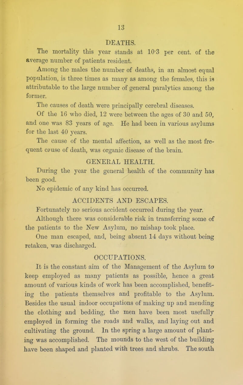 DEATHS. Tlie mortality this year stands at lO'S per cent, of the average number of patients resident. Among the males the number of deaths, in an almost equal population, is three times as many as among the females, this is attributable to the large number of general paralytics among the former. The causes of death were principally cerebral diseases. Of the 16 who died, 12 were between the ages of 30 and 50, and one was 83 years of age. He had been in various asylums for the last 40 years. The cause of the mental affection, as well as the most fre- quent cause of death, was organic disease of the brain. GENEEAL HEALTH. During the year the general health of the community has been good. No epidemic of any kind has occurred. ACCIDENTS AND ESCAPES. Fortunately no serious accident occurred during the year. Although there was considerable risk in transferring some of the patients to the New Asylum, no mishap took place. One man escaped, and, being absent 14 days without being retaken, was discharged, OCCUPATIONS. It is the constant aim of the Management of the Asylum to keep employed as many patients as possible, hence a great amount of various kinds of work has been accomplished, benefit- ing the patients themselves and profitable to the Asylum, Besides the usual indoor occupations of making up and mending the clothing and bedding, the men have been most usefully employed in forming the roads and walks, and laying out and cultivating the ground. In the spring a large amount of plant- ing was accomplished. The mounds to the west of the building have been shaped and planted with trees and shrubs. The south