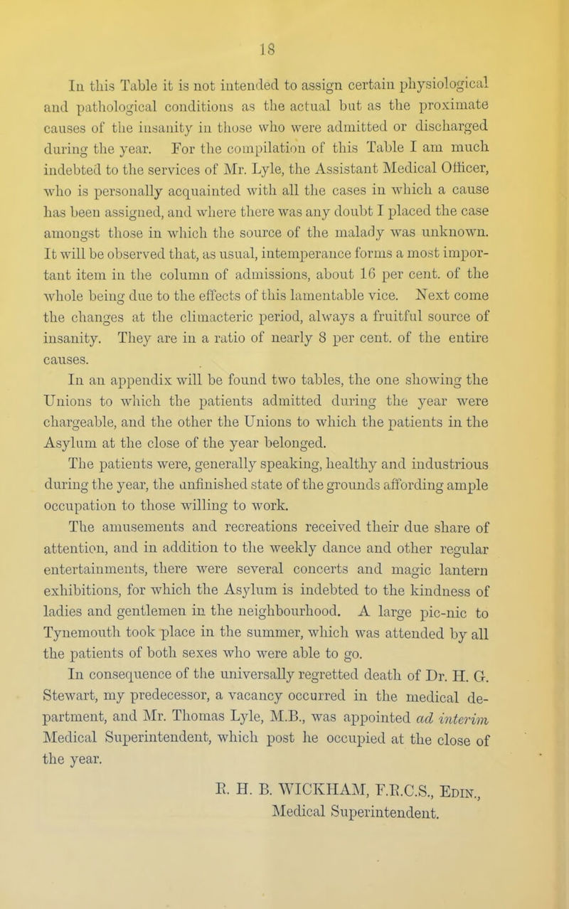 IS Iq this Table it is not intended to assign certain physiological and pathological conditions as the actual but as the proximate causes of the insanity in those who were admitted or discharged during the year. For the compilation of this Table I am much indebted to the services of Mr. Lyle, the Assistant Medical Officer, who is personally acquainted with all the cases in which a cause has been assigned, and where there was any doubt I placed the case amongst those in which the source of the malady was unknown. It will be observed that, as usual, intemperance forms a most impor- tant item in the column of admissions, about 16 per cent, of the whole being due to the effects of this lamentable vice. Next come the changes at the climacteric period, always a fruitful source of insanity. They are in a ratio of nearly 8 per cent, of the entire causes. In an appendix will be found two tables, the one showing the Unions to which the patients admitted during the year were chargeable, and the other the Unions to which the patients in the Asylum at the close of the year belonged. The patients were, generally speaking, healthy and industrious during the year, the unfinished state of the grounds affording ample occupation to those willing to work. The amusements and recreations received their due share of attention, and in addition to the weekly dance and other regular entertainments, there were several concerts and magic lantern exhibitions, for Avhich the Asylum is indebted to the kindness of ladies and gentlemen in the neighbourhood. A large pic-nic to Tynemouth took place in the summer, which was attended by all the patients of both sexes who were able to go. In consequence of the universally regretted death of Dr. H. G. Stewart, my predecessor, a vacancy occurred in the medical de- partment, and Llr. Thomas Lyle, M.B., was appointed ad interim Medical Superintendent, which post he occupied at the close of the year. E. H. B. WICKHAM, F.E.C.S., Edik, Medical Superintendent.
