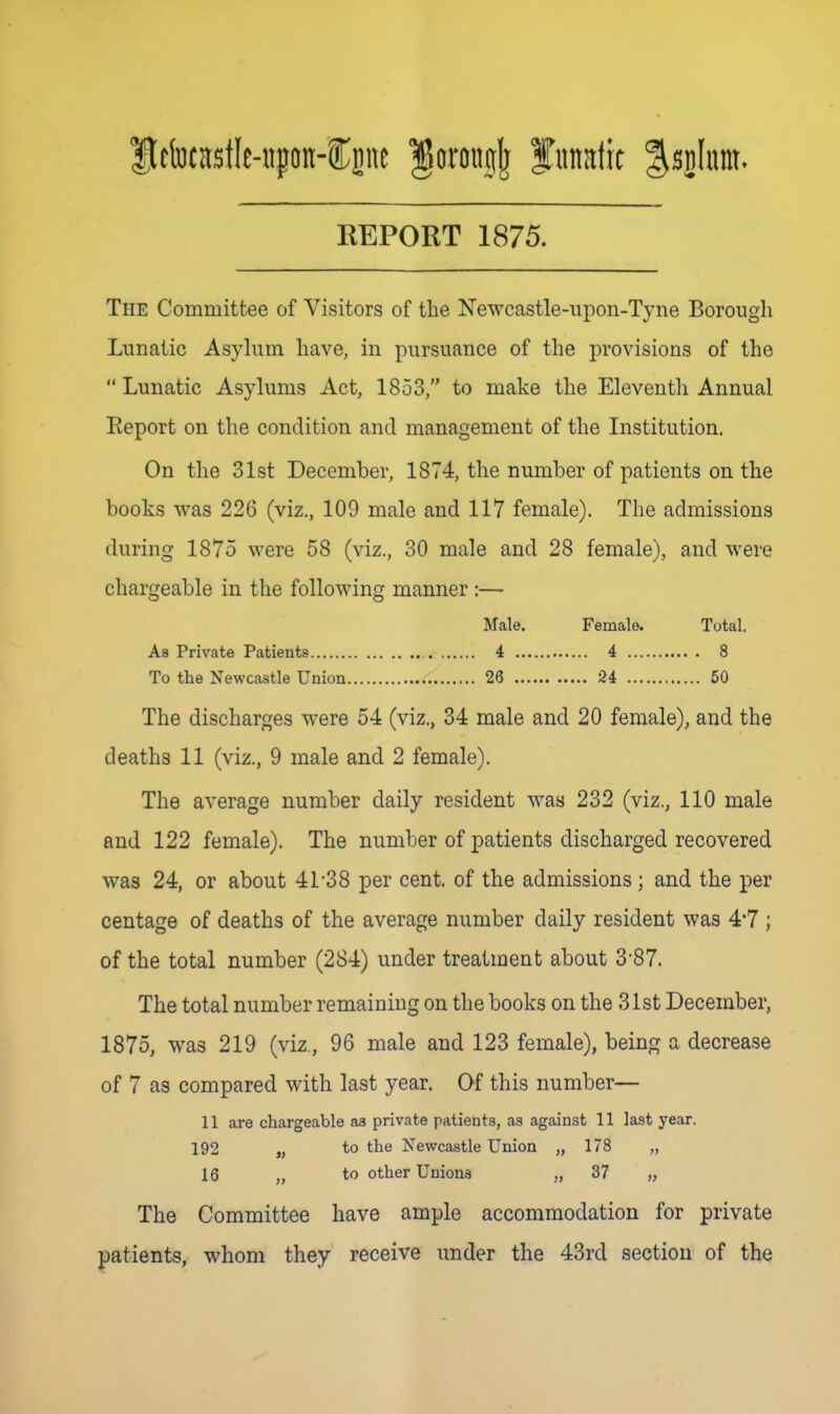 |tebcastIe-«pon-Cjne ^oroiiglj fundic %^\m^ KEPORT 1875. The Committee of Visitors of the Newcastle-upon-Tyne Borough Lunatic Asyhim have, in pursuance of the provisions of the  Lunatic Asylums Act, 1853, to make the Eleventh Annual Eeport on the condition and management of the Institution. On the 31st December, 1874, the number of patients on the hooks was 226 (viz., 109 male and 117 female). The admissions during 1875 were 58 (viz., 30 male and 28 female), and were chargeable in the following manner :— Male. Female. Total. As Private Patients 4 4 8 To the Newcastle Union 26 24 50 The discharges were 54 (viz., 34 male and 20 female), and the deaths 11 (viz., 9 male and 2 female). The average number daily resident was 232 (viz., 110 male and 122 female). The number of patients discharged recovered was 24, or about 41-38 per cent, of the admissions; and the per centage of deaths of the average number daily resident was 4*7 ; of the total number (2S4) under treatment about 3-87. The total number remaining on the books on the 31st December, 1875, was 219 (viz, 96 male and 123 female), being a decrease of 7 as compared with last year. Of this number— 11 are chargeable aa private patients, as against 11 last year. 192 „ to the Newcastle Union „ 178 „ 16 „ to other Unions „ 37 „ The Committee have ample accommodation for private patients, whom they receive under the 43rd section of the