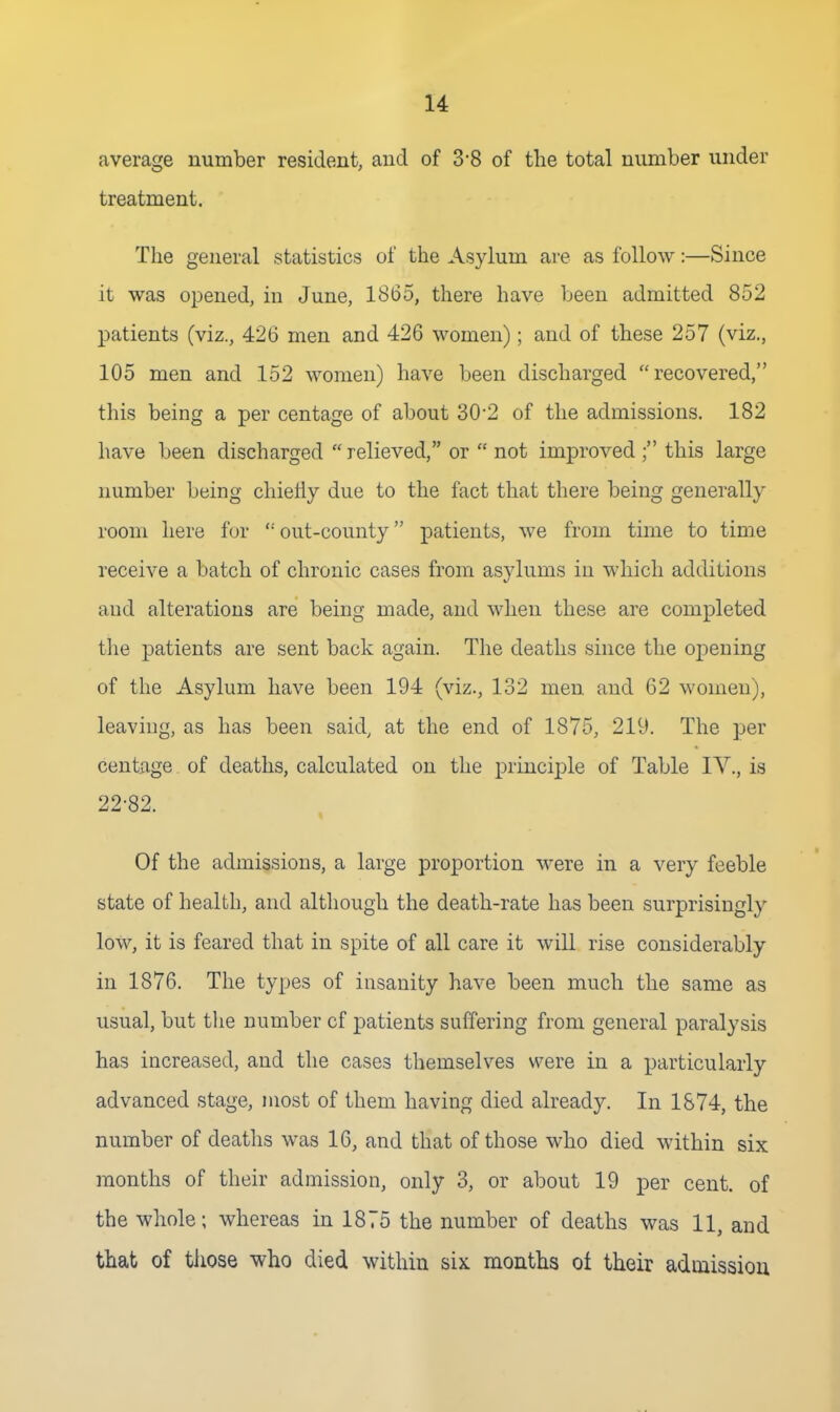 average number resident, and of 3'8 of the total number under treatment. The general statistics of the Asylum are as follow:—Since it was opened, in June, 1865, there have been admitted 852 patients (viz., 426 men and 426 women); and of these 257 (viz., 105 men and 152 women) have been discharged recovered, this being a per centage of about 30-2 of the admissions. 182 have been discharged  relieved, or  not improved ; this large number being chiefly due to the fact that there being generally room here for out-county patients, we from time to time receive a batch of chronic cases from asylums in which additions and alterations are being made, and when these are completed the patients are sent back again. The deaths since the opening of the Asylum have been 194 (viz., 132 men and 62 women), leaving, as has been said, at the end of 1875, 219. The per centage of deaths, calculated on tlie principle of Table IV., is 22-82. Of the admissions, a large proportion were in a very feeble state of health, and although the death-rate has been surprisingly low, it is feared that in spite of all care it will rise considerably in 1876. The types of insanity have been much the same as usual, but the number cf patients suffering from general paralysis has increased, and the cases themselves were in a particularly advanced stage, most of them having died already. In 1874, the number of deaths was 16, and that of those who died within six months of their admission, only 3, or about 19 per cent, of the whole; whereas in 1875 the number of deaths was 11, and that of tiiose who died within six months oi their admissiou