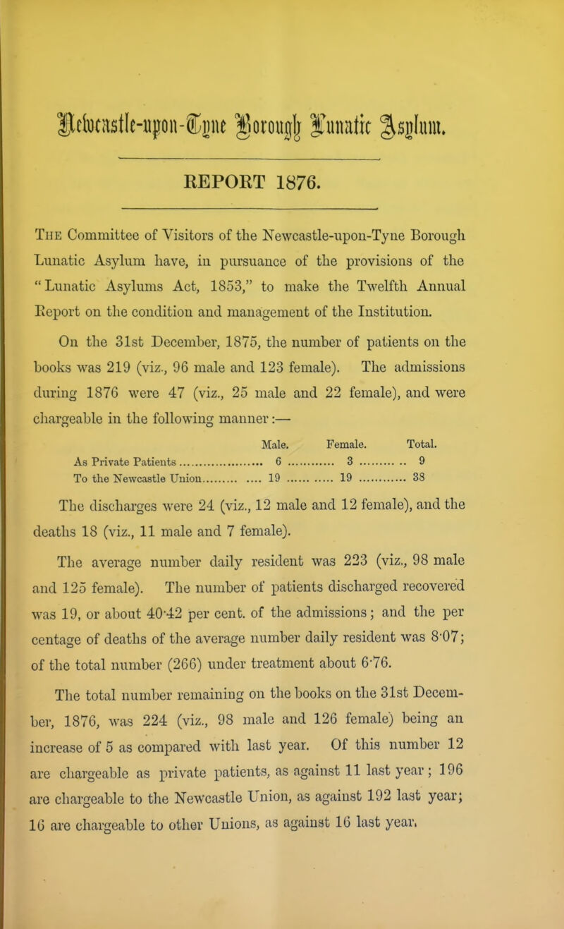 REPORT 1876. The Committee of Visitors of the Newcastle-upou-Tyne Borough Lunatic Asyhim have, in pursuance of the provisions of the Lunatic Asylums Act, 1853, to make the Twelfth Annual Report on the condition and management of the Institution. On the 31st December, 1875, the number of patients on the books was 219 (viz., 96 male and 123 female). The admissions during 1876 were 47 (viz., 25 male and 22 female), and were cliargeable in the following manner:— Male. Female. Total. As Private Patients 6 3 9 To the Newcastle Union 19 19 38 The discharges were 24 (viz., 12 male and 12 female), and the deaths 18 (viz., 11 male and 7 female). The average number daily resident was 223 (viz., 98 male and 125 female). The number of patients discharged recovered was 19, or about 4042 per cent, of the admissions; and the per centage of deaths of the average number daily resident was 8-07; of the total number (266) under treatment about 6-76. The total number remaining on the books on the 31st Decem- ber, 1876, was 224 (viz., 98 male and 126 female) being an increase of 5 as compared with last year. Of this number 12 are chargeable as private patients, as against 11 last year; 196 are chargeable to the Newcastle Union, as against 192 last year; 16 are chargeable to other Unions, as against 16 last year.