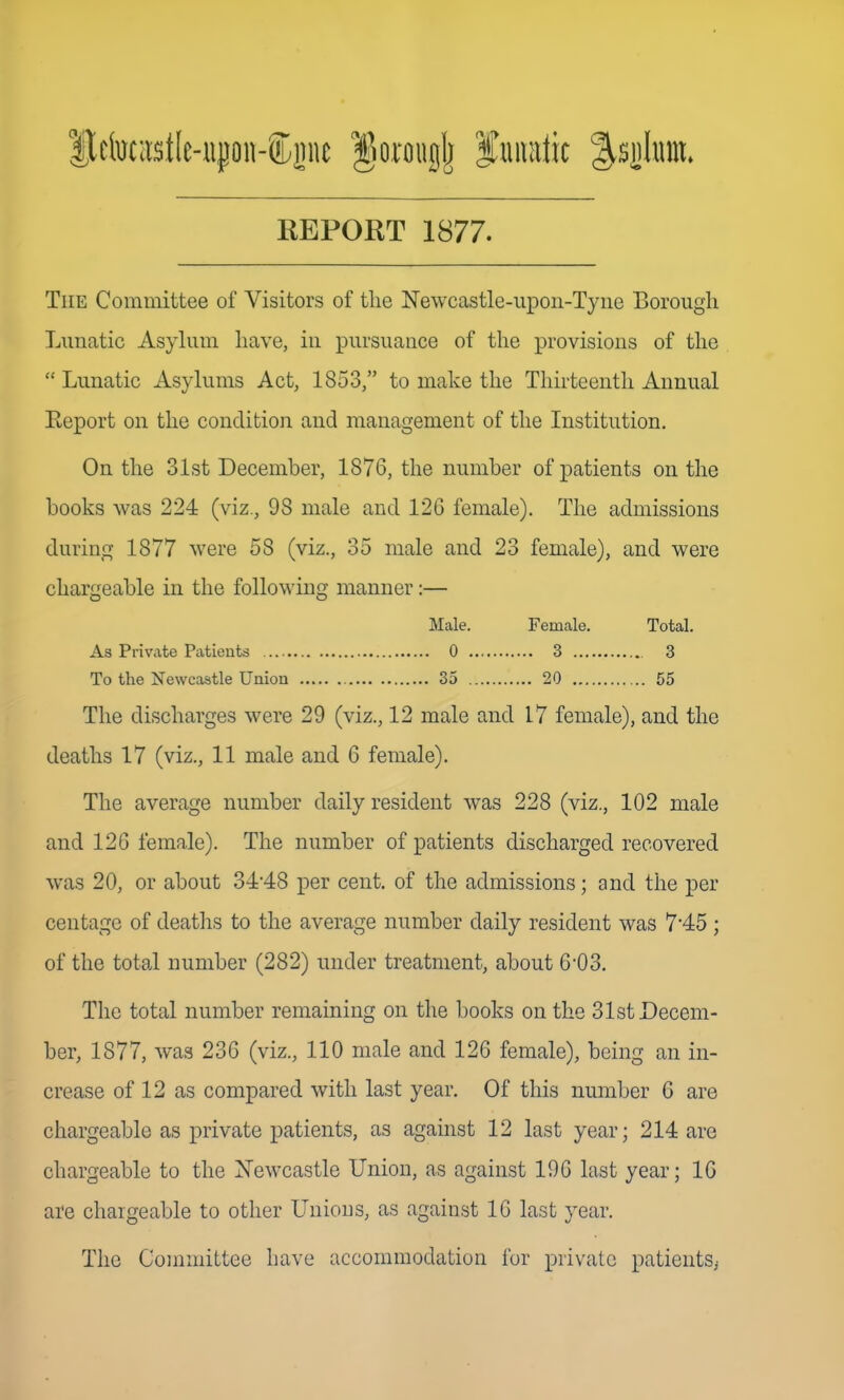Itckcistle-upn-S^jjiic %m\\^\ fumitic ^sijlum, KEPORT 1877. The Committee of Visitors of the Newcastle-upon-Tyne Borough Lunatic Asyhim have, in pursuance of the provisions of the  Lunatic Asylums Act, 1853, to make the Thirteenth Annual Eeport on the condition and management of the Institution. On the 31st December, 1876, the number of patients on the books was 224 (viz., 98 male and 126 female). The admissions during 1877 were 58 (viz., 35 male and 23 female), and were chargeable in the following manner:— Male. Fenicale. Total. As Private Patients 0 3 3 To the Newcastle Union 35 20 55 The discharges were 29 (viz., 12 male and 17 female), and the deaths 17 (viz., 11 male and 6 female). The average number daily resident was 228 (viz., 102 male and 126 female). The number of patients discharged recovered was 20, or about 34*48 per cent, of the admissions; and the per centage of deaths to the average number daily resident was 7*45; of the total number (282) under treatment, about 6-03. The total number remaining on the books on the 31st Decem- ber, 1877, was 236 (viz., 110 male and 126 female), being an in- crease of 12 as compared with last year. Of this number 6 are chargeable as private patients, as against 12 last year; 214 are chargeable to the Newcastle Union, as against 196 last year; 16 are chargeable to other Unions, as against 16 last year. The Committee have accommodation for private patients^