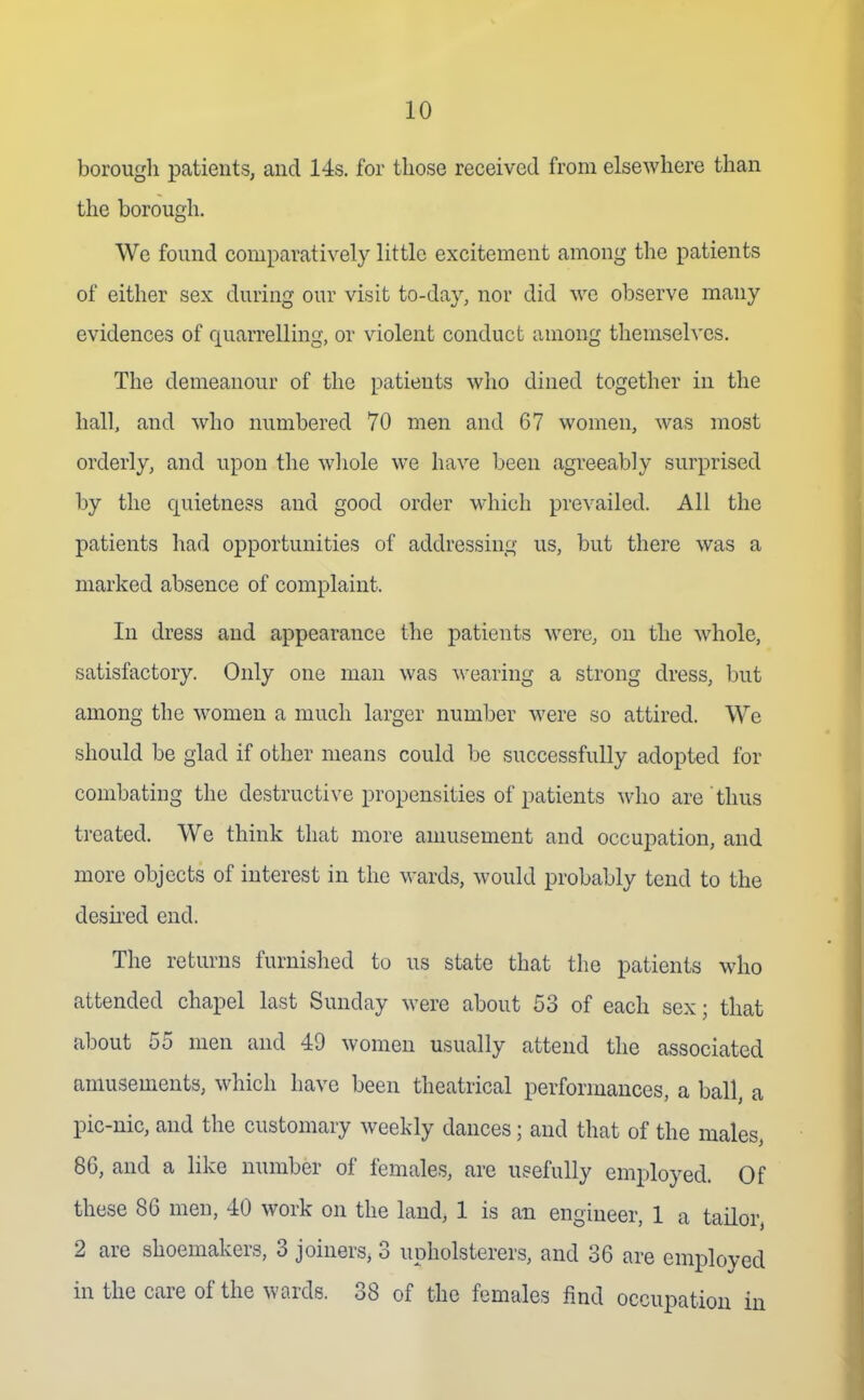 borough patients, and 14s. for those received from elsewhere than the borough. We found comparatively little excitement among the patients of either sex during our visit to-day, nor did we observe many evidences of quarrelling, or violent conduct among themselves. The demeanour of the patients who dined together in the hall, and who numbered 70 men and 67 women, was most orderly, and upon the wliole we have been agreeably surprised by the quietness and good order which prevailed. All the patients had opportunities of addressing us, but there was a marked absence of complaint. In dress and appearance the patients were, on the whole, satisfactory. Only one man was wearing a strong dress, but among the women a much larger number were so attired. We should be glad if other means could be successfully adopted for combating the destructive propensities of patients who are thus treated. We think that more amusement and occupation, and more objects of interest in the wards, would probably tend to the desii'ed end. The returns furnished to us state that the patients who attended chapel last Sunday M-ere about 53 of each sex; that about 55 men and 49 women usually attend the associated amusements, which have been theatrical performances, a ball, a pic-nic, and the customary weekly dances; and that of the males, 86, and a like number of females, are usefully employed. Of these 86 men, 40 work on the land, 1 is an engineer, 1 a tailor, 2 are shoemakers, 3 joiners^ 3 upholsterers, and 36 are employed in the care of the wards. 38 of the females find occupation in