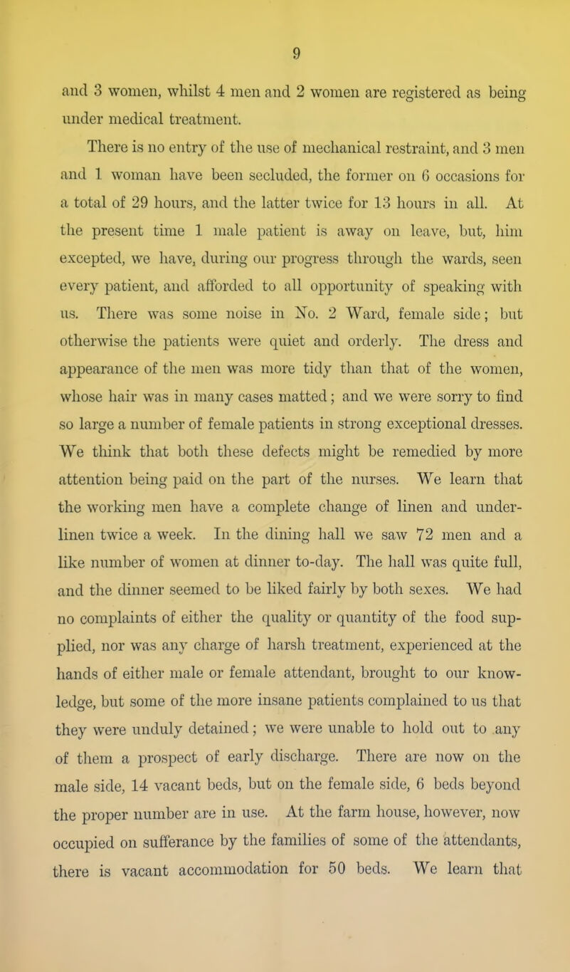 and 3 women, wliilst 4 men and 2 women are registered as being under medical treatment. There is no entry of the use of mechanical restraint, and 3 men and 1 woman have been secluded, the former on G occasions for a total of 29 hours, and the latter twice for 13 hours in all. At the present time 1 male patient is away on leave, but, him excepted, we have, during our progress through the wards, seen every patient, and afforded to all opportunity of speaking with us. There was some noise in Xo. 2 Ward, female side; but otherwise the patients were quiet and orderly. The dress and appearance of the men was more tidy than that of the women, whose hair was in many cases matted; and we were sorry to find so large a number of female patients in strong exceptional dresses. We think that both these defects might be remedied by more attention being paid on the part of the nurses. We learn that the working men have a complete change of linen and under- linen twice a week. In the dining hall we saw 72 men and a like number of women at dinner to-day. The hall was quite full, and the dinner seemed to be liked fairly by both sexes. We had no complaints of either the quality or quantity of the food sup- plied, nor was any charge of harsh treatment, experienced at the hands of either male or female attendant, brought to our know- ledge, but some of the more insane patients complained to us that they were unduly detained; we were unable to hold out to any of them a prospect of early discharge. There are now on the male side, 14 vacant beds, but on the female side, 6 beds beyond the proper number are in use. At the farm house, however, now occupied on sufferance by the families of some of the attendants, there is vacant accommodation for 50 beds. We learn that