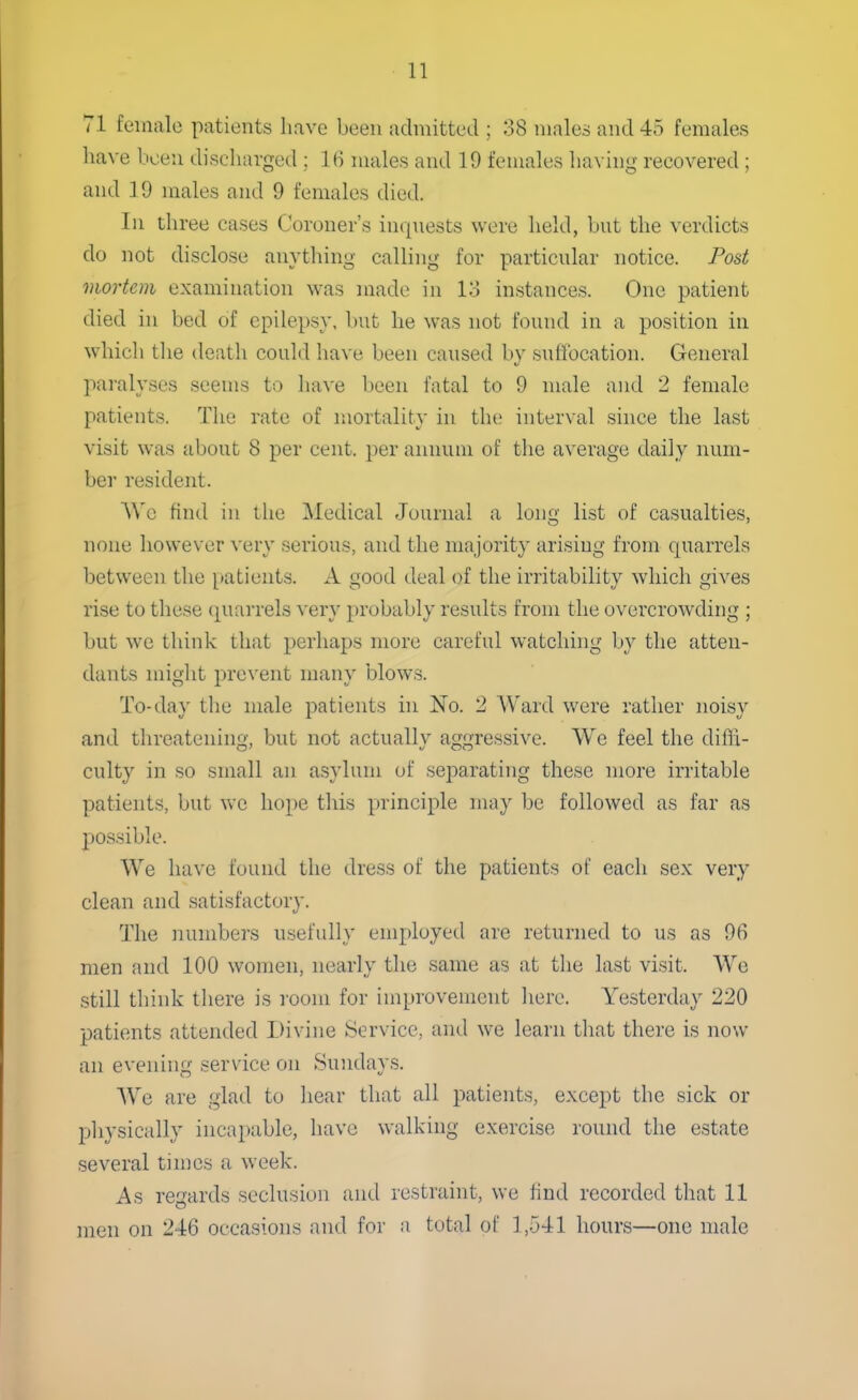 71 female patients have been admitted ; 38 males and 45 females have been discharged ; 16 males and 19 females having recovered; and 19 males and 9 females died. In three cases Coroner's inquests were held, but the verdicts do not disclose anything calling for particular notice. Post mortem examination was made in 13 instances. One patient died in bed of epilepsy, but he was not found in a position in which the death could have been caused by suffocation. General paralyses seems to have been fatal to 9 male and 2 female patients. The rate of mortality in the interval since the last visit was about 8 per cent, per annum of the average daily num- ber resident. We find in the Medical Journal a long list of casualties, none however very serious, and the majority arising from quarrels between the patients. A good deal of the irritability which gives rise to these quarrels very probably results from the overcrowding ; but we think that perhaps more careful watching by the atten- dants might prevent many blows. To-day the male patients in No. 2 Ward were rather noisy and threatening, but not actuallv aggressive. We feel the dim- culty in so small an asylum of separating these more irritable patients, but we hope this principle may be followed as far as possible. We have found the dress of the patients of each sex very clean and satisfactory. The numbers usefully employed are returned to us as 96 men and 100 women, nearly the same as at the last visit. We still think there is room for improvement here. Yesterday 220 patients attended Divine Service, and we learn that there is now an evening service on Sundays. We are glad to hear that all patients, except the sick or physically incapable, have walking exercise round the estate several times a week. As regards seclusion and restraint, we find recorded that 11 men on 246 occasions and for a total of 1,541 hours—one male