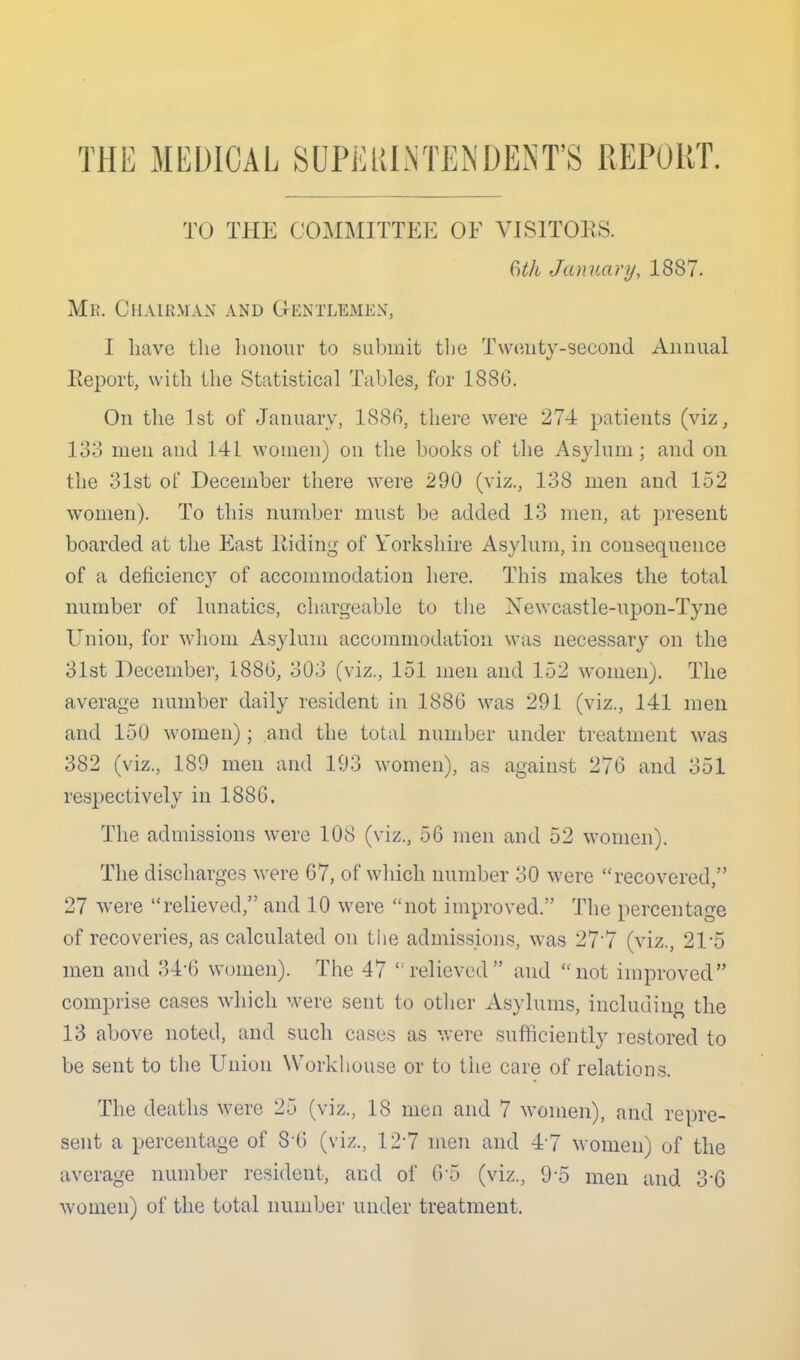 THE MEDICAL SUPElilNTEiNDENT'S REPORT. TO THE COMMITTEE OF VISITORS. January, 1887. Mi:. CiiAiKM.VN and Gi-:ntlemen^ I have tlie lionour to submit the Twonty-secoiid Aimual Eeport, with the Statistical Tables, for 1886. On the 1st of January, 1886, tlierc were 274 patients (viz, 133 men and 141 women) on the books of the Asylum; and on the 31st of December there were 290 (viz., 138 men and 152 women). To this number must be added 13 men, at present boarded at the East Hiding of Yorkshire Asylum, in consequence of a deficienc}' of accommodation here. This makes the total number of lunatics, chargeable to the Newcastle-upon-Tyne Union, for whom Asylum accommodation was necessary on the 31st Decembei, 1886, 303 (viz., 151 men and 152 women). The average number daily resident in 1886 was 291 (viz., 141 men and 150 women); and the total number under treatment was 382 (viz., 189 men and 193 women), as against 276 and 351 respectively in 1886. The admissions were 108 (viz., 56 men and 52 women). The discharges were 67, of which number 30 were recovered, 27 were relieved, and 10 were not improved. The percentage of recoveries, as calculated on the admissions, was 277 (viz., 21-5 men and 34-6 women). The 47 relieved and not improved comprise cases wdiich were sent to other A.sylums, including the 13 above noted, and such cases as vrere sufficiently restored to be sent to tlie Union Workhouse or to the care of relations. The deaths were 25 (viz., 18 men and 7 women), and repre- sent a percentage of 8 6 (viz., 12-7 men and 47 women) of the average number resident, and of 6 5 (viz., 9-5 men and 3-6 women) of the total number under treatment.