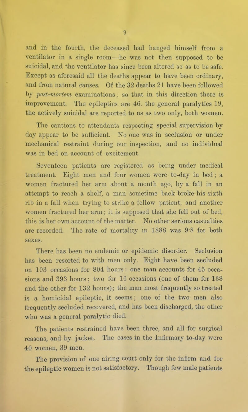 and in the fourth, the deceased had hanged himself from a ventilator in a single room—he was not then supposed to be suicidal, and the ventilator has since been altered so as to be safe. Except as aforesaid all the deaths appear to have been ordinary, and from natural causes. Of the 32 deaths 21 have been followed by post-mortem examinations; so that in tliis direction there is improvement. The epileptics are 46. the general paralytics 19, the actively suicidal are reported to us as two only, both women. The cautions to attendants respecting special supervision by day appear to be sufficient. No one was in seclusion or under mechanical restraint during our inspection, and no individual was in bed on account of excitement. Seventeen patients are registered as being under medical treatment. Eight men and four women were to-day in bed; a women fractured her arm about a month ago, by a fall in an attempt to reach a shelf, a man sometime back broke his sixth rib in a fall when trying to strike a fellow patient, and another women fractured her arm; it is supposed that she fell out of bed, this is her own account of the matter. No other serious casualties are recorded. The rate of mortalitv in 1888 was 9-8 for both sexes. There has been no endemic or epidemic disorder. Seclusion has been resorted to with men only. Eight have been secluded on 103 occasions for 804 hours: one man accounts for 45 occa- sions and 393 hours; two for 16 occasions (one of them for 138 and the other for 132 hours); the man most frequently so treated is a homicidal epileptic, it seems; one of the two men also frequently secluded recovered, and has been discharged, the other who was a general paralytic died. The patients restrained have been three, and all for surgical reasons, and by jacket. The cases in the Infirmary to-day were 40 women, 39 men. The provision of one airing court only for the infirm and for the epileptic women is not satisfactory. Though few male patients