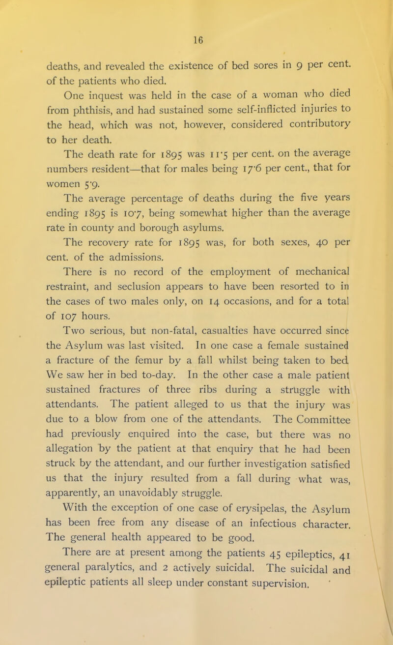 deaths, and revealed the existence of bed sores in 9 per cent, of the patients who died. One inquest was held in the case of a woman who died from phthisis, and had sustained some self-inflicted injuries to the head, which was not, however, considered contributory to her death. The death rate for 1895 was 11-5 per cent, on the average numbers resident—that for males being 17-6 per cent., that for women 5*9. The average percentage of deaths during the five years ending 1895 is 107, being somewhat higher than the average rate in county and borough asylums. The recovery rate for 1895 was, for both sexes, 40 per cent, of the admissions. There is no record of the employment of mechanical restraint, and seclusion appears to have been resorted to in the cases of two males only, on 14 occasions, and for a total of 107 hours. Two serious, but non-fatal, casualties have occurred since the Asylum was last visited. In one case a female sustained a fracture of the femur by a fall whilst being taken to bed We saw her in bed to-day. In the other case a male patient sustained fractures of three ribs during a struggle with attendants. The patient alleged to us that the injury was due to a blow from one of the attendants. The Committee had previously enquired into the case, but there was no allegation by the patient at that enquiry that he had been struck by the attendant, and our further investigation satisfied us that the injury resulted from a fall during what was, apparently, an unavoidably struggle. With the exception of one case of erysipelas, the Asylum has been free from any disease of an infectious character. The general health appeared to be good. There are at present among the patients 45 epileptics, 41 general paralytics, and 2 actively suicidal. The suicidal and epileptic patients all sleep under constant supervision.