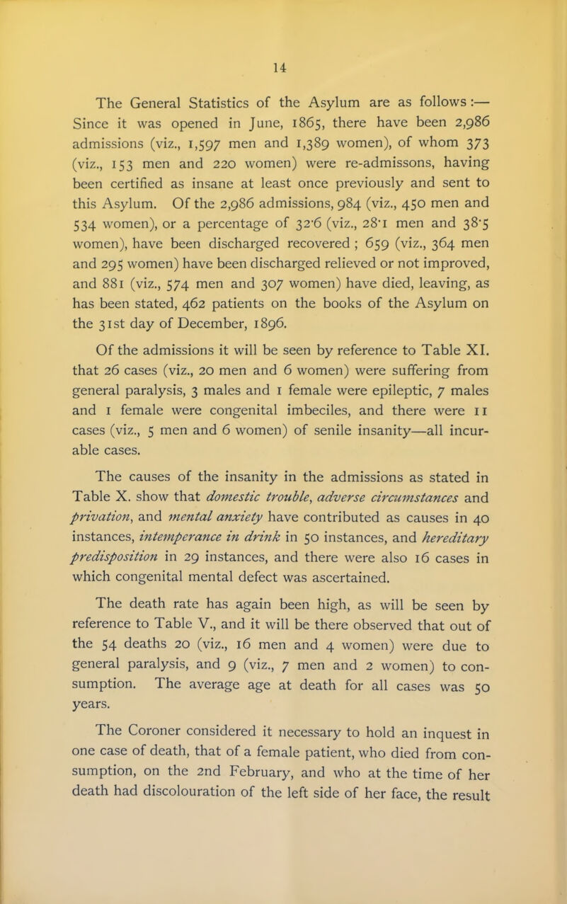 The General Statistics of the Asylum are as follows :— Since it was opened in June, 1865, there have been 2,986 admissions (viz., 1,597 rn^ ^>3^9 women), of whom 373 (viz., 153 men and 220 women) were re-admissons, having been certified as insane at least once previously and sent to this Asylum. Of the 2,986 admissions, 984 (viz., 450 men and 534 women), or a percentage of 32-6 (viz., 28i men and 38*5 women), have been discharged recovered ; 659 (viz., 364 men and 295 women) have been discharged relieved or not improved, and 881 (viz., 574 men and 307 women) have died, leaving, as has been stated, 462 patients on the books of the Asylum on the 31st day of December, 1896. Of the admissions it will be seen by reference to Table XI. that 26 cases (viz., 20 men and 6 women) were suffering from general paralysis, 3 males and i female were epileptic, 7 males and I female were congenital imbeciles, and there were 11 cases (viz., 5 men and 6 women) of senile insanity—all incur- able cases. The causes of the insanity in the admissions as stated in Table X. show that domestic trouble^ adverse circumstances and privation^ and mental anxiety have contributed as causes in 40 instances, intemperance in drink in 50 instances, and hereditary predisposition in 29 instances, and there were also 16 cases in which congenital mental defect was ascertained. The death rate has again been high, as will be seen by reference to Table V., and it will be there observed that out of the 54 deaths 20 (viz., 16 men and 4 women) were due to general paralysis, and 9 (viz., 7 men and 2 women) to con- sumption. The average age at death for all cases was 50 years. The Coroner considered it necessary to hold an inquest in one case of death, that of a female patient, who died from con- sumption, on the 2nd February, and who at the time of her death had discolouration of the left side of her face, the result