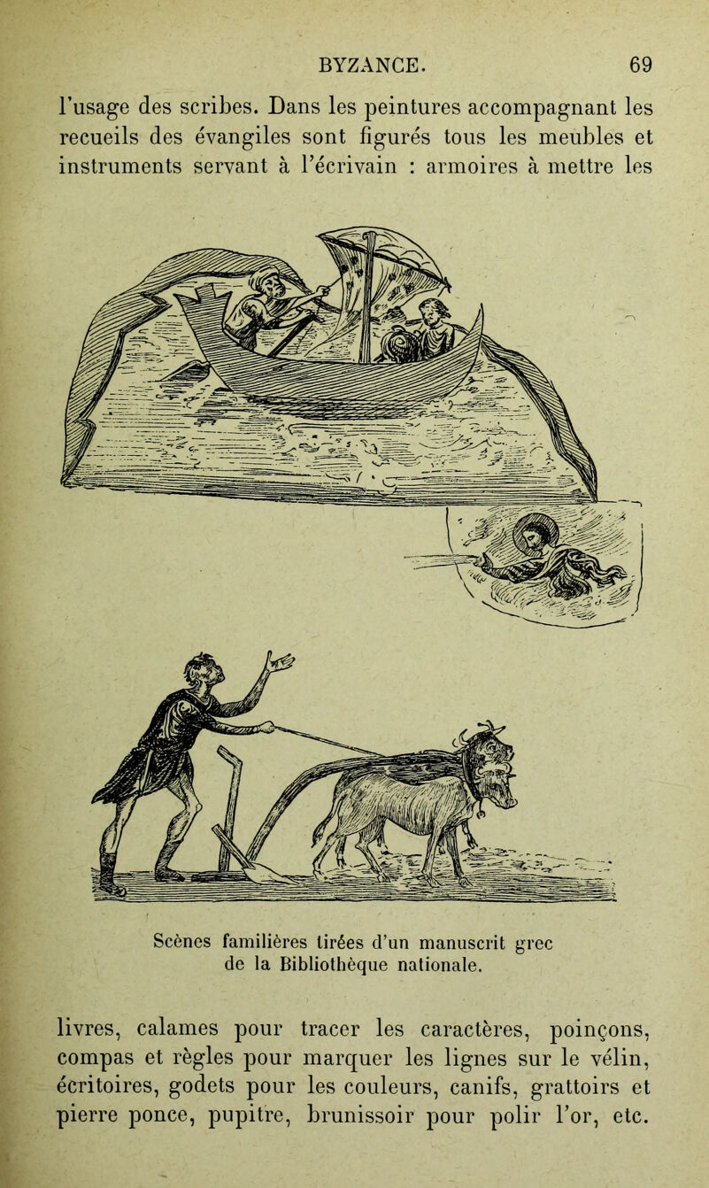 l’usage des scribes. Dans les peintures accompagnant les recueils des évangiles sont figurés tous les meubles et instruments servant à l’écrivain : armoires à mettre les Scènes familières tirées d’un manuscrit grec de la Bibliothèque nationale. livres, calames pour tracer les caractères, poinçons, compas et règles pour marquer les lignes sur le vélin, écritoires, godets pour les couleurs, canifs, grattoirs et pierre ponce, pupitre, brunissoir pour polir l’or, etc.