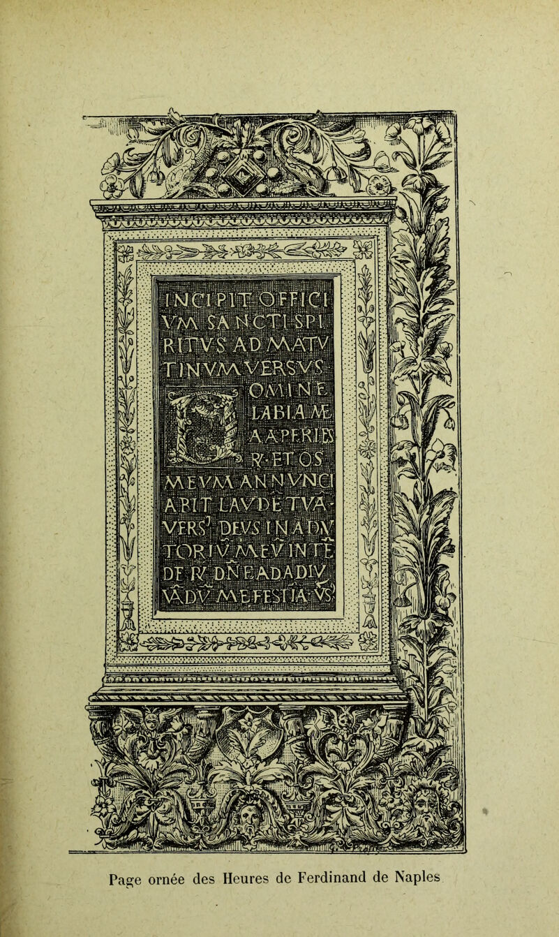 •INJCIPIT-OFFICI VW\ SA,f*CTl SPI RirV^ADMATV TlNVM.VERSv;S^ WPIAAE \ f W IJ A APF.Rœ ;4|4=yÿ'1ÿ.F-T0ÿ MEVW ANIAVNCI AÎTT LAVbEtVA- VFRS’T)£ySINA'n,V TORIVj^AEVlNTÊ DT jÿ 'ONEADADIV^. \a;dva\efestTà--vs'! Page ornée des Heures de Ferdinand de Naples