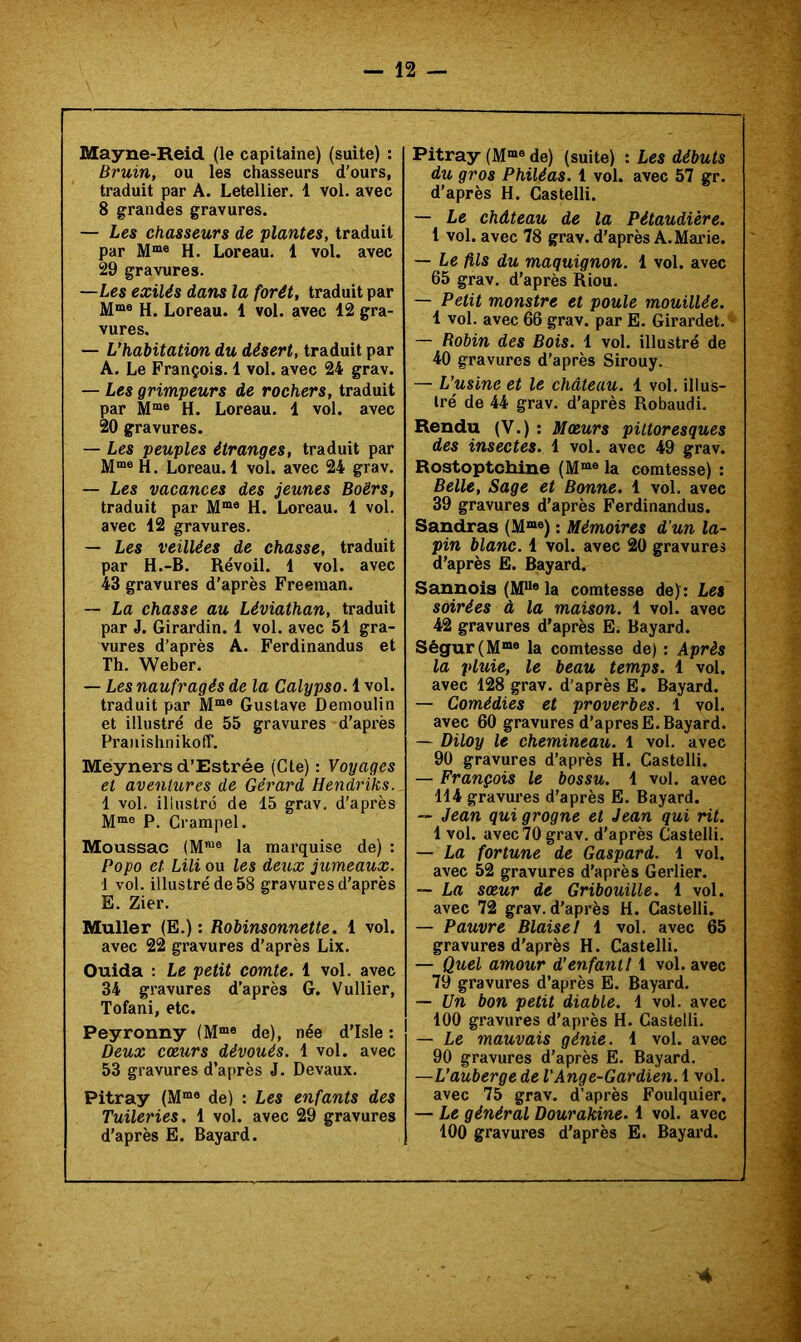 Mayne-Reid (le capitaine) (suite) ; Bruin, ou les chasseurs d'ours, traduit par A. Letellier. 1 vol. avec 8 grandes gravures. — Les chasseurs de plantes, traduit par M“® H. Loreau. 1 vol. avec 29 gravures. —Les exilés dans la forêt, traduit par M“® H. Loreau. 1 vol. avec 12 gra- vures. — L’habitation du désert, traduit par A. Le François. 1 vol. avec 24 grav. — Les grimpeurs de rochers, traduit par M®® H. Loreau. 1 vol. avec 20 gravures. — Les peuples étranges, traduit par M“®H. Loreau. 1 vol. avec 24 grav. — Les vacances des jeunes Boërs, traduit par M“® H. Loreau. 1 vol. avec 12 gravures. — Les veillées de chasse, traduit par H.-B. Révoil. 1 vol. avec 43 gravures d'après Freeman. ~ La chasse au Léviathan, traduit par J. Girardin. 1 vol. avec 51 gra- vures d’après A. Ferdinandus et Th. Weber. — Les naufragés de la Calypso. 1 vol. traduit par M“® Gustave Demoulin et illustré de 55 gravures d’après Praiiishnikoff. Meyners d’Estrée (Cte) : Voyages et aventures de Gérard Hendriks. 1 vol. illustré de 15 grav. d’après M“® P. Crampel. Moussac (M“® la marquise de) : Popo et Lili ou les deux jumeaux. 1 vol. illustré de 58 gravures d’après E. Zier. Muller (E.) : Robinsonnette. 1 vol. avec 22 gravures d’après Lix. Ouida : Le petit comte. 1 vol. avec 34 gravures d’après G. Vullier, Tofani, etc. Peyronny (M“® de), née d’Isle : Deux cœurs dévoués. 1 vol. avec 53 gravures d’après J. Devaux. Pitray (M®® de) : Les enfants des Tuileries. 1 vol. avec 29 gravures d’après E. Bayard. Pitray (M®® de) (suite) : Les débuts du gros Philéas. 1 vol. avec 57 gr. d’après H. Castelli. — Le château de la Pétaudière. 1 vol. avec 78 grav. d’après A. Marie. — Le fils du maquignon. 1 vol. avec 65 grav. d’après Riou. — Petit monstre et poule mouillée. 1 vol. avec 66 grav. par E. Girardet. '- — Robin des Bois. 1 vol. illustré de 40 gravures d’après Sirouy. — L’usine et le château. 1 vol. illus- tré de 44 grav. d’après Robaudi. Rendu (V.) : Mœurs pittoresques des insectes. 1 vol. avec 49 grav. Rostoptchine (M®® la comtesse) : Belle, Sage et Bonne. 1 vol. avec 39 gravures d’après Ferdinandus. Sandras (M®®) : Mémoires d’un la- pin blanc. 1 vol. avec 20 gravures d’après E. Bayard. Sannois (M“® la comtesse de) ; Les soirées à la maison. 1 vol. avec 42 gravures d’après E. Bayard. Ségur(M®® la comtesse de) : Après la pluie, le beau temps. 1 vol. avec 128 grav. d’après E. Bayard. — Comédies et proverbes. 1 vol. avec 60 gravures d’apres E. Bayard. — Diloy le chemineau. 1 vol. avec 90 gravures d’après H. Castelli. — François le bossu. 1 vol. avec 114 gravures d’après E. Bayard. “ Jean qui grogne et Jean qui rit. 1 vol. avec 70 grav. d’après Castelli. — La fortune de Gaspard. 1 vol. avec 52 gravures d’après Gerlier. — La sœur de Gribouille. 1 vol. avec 72 grav. d’après H. Castelli. — Pauvre Biaise! 1 vol. avec 65 gravures d’après H. Castelli. — Quel amour d’enfant! 1 vol. avec 79 gravures d’après E. Bayard. — Un bon petit diable. 1 vol. avec 100 gravures d’après H. Castelli. — Le mauvais génie. 1 vol. avec 90 gravures d’après E. Bayard. —L’auberge de V Ange-Gardien. 1 vol. avec 75 grav. d’après Foulquier, — Le général Dourakine. 1 vol. avec 100 gravures d’après E. Bayard. 4